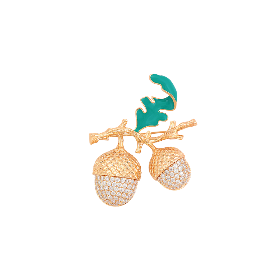 Wasserdichte Eicheln-Brosche mit Zirkonia, goldfarben