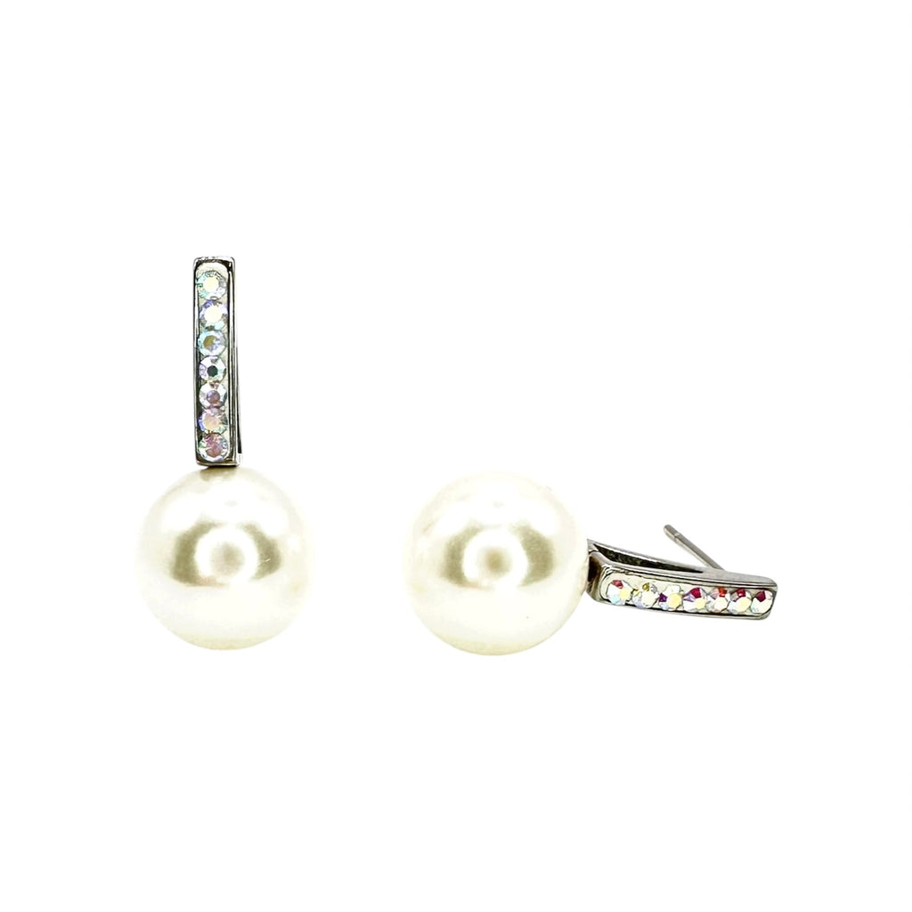 Wasserdichte Ohrstecker Silber Große Weiße Perle 12mm Kristallpavé Balken AB-Kristalle Aurora Borealis Stecker