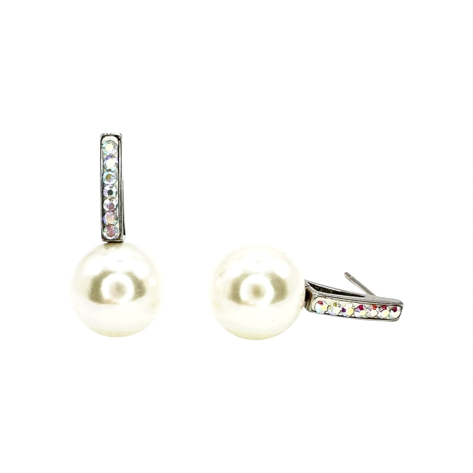 Wasserdichte Ohrstecker Silber Große Weiße Perle 12mm Kristallpavé Balken AB-Kristalle Aurora Borealis Stecker