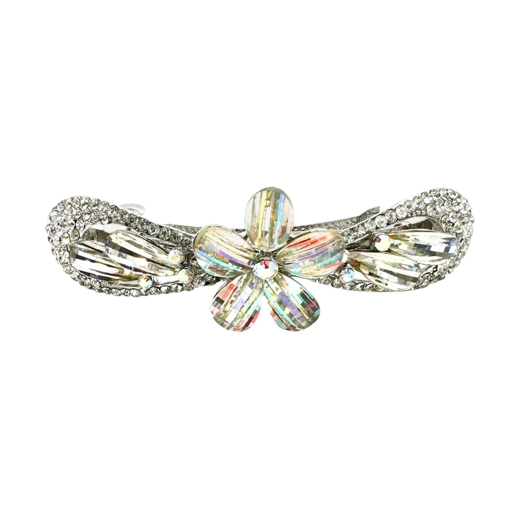 Automatikhaarspange Schleife Silber Aurora Borealis Kristallblume Tropfen Strass