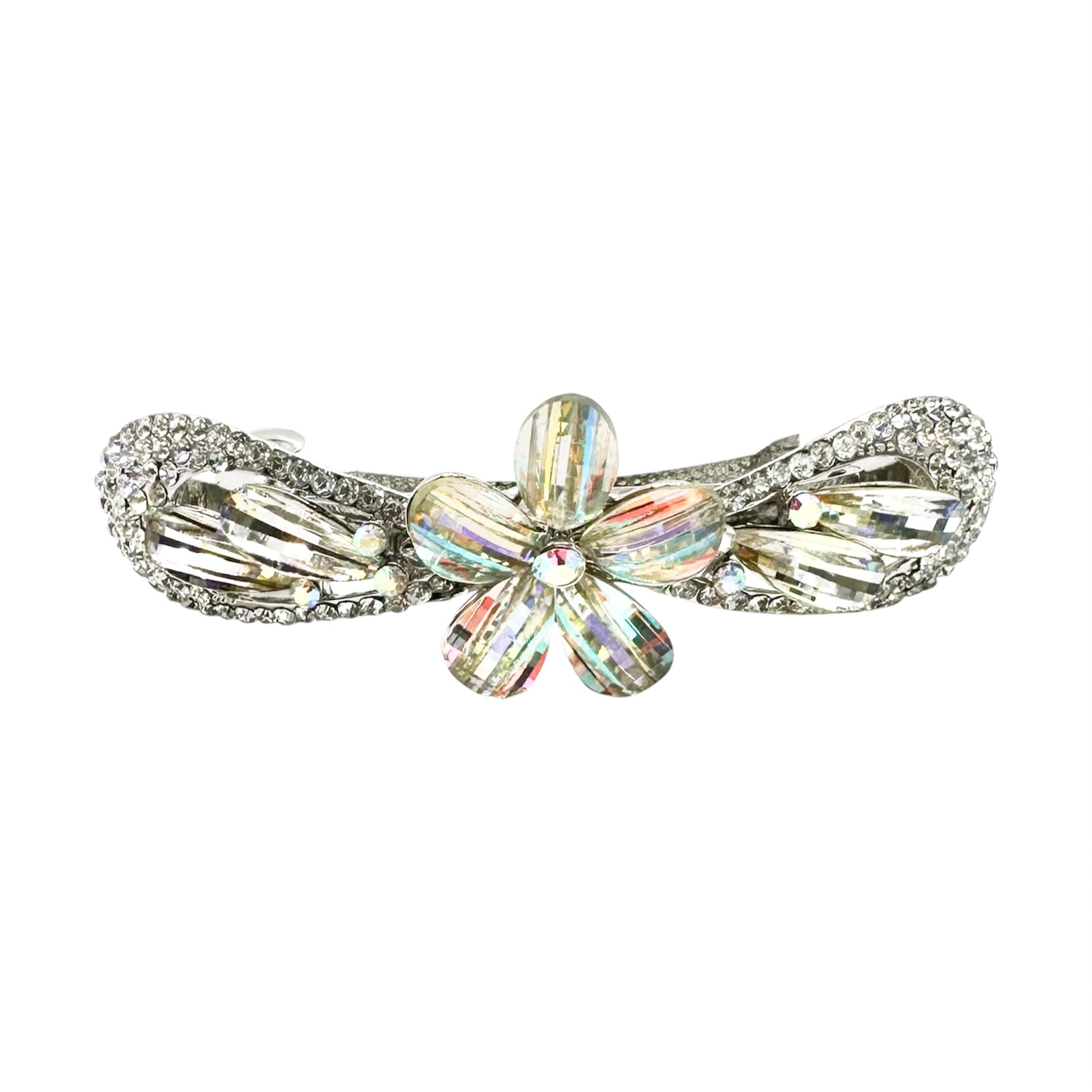 Automatikhaarspange Schleife Silber Aurora Borealis Kristallblume Tropfen Strass