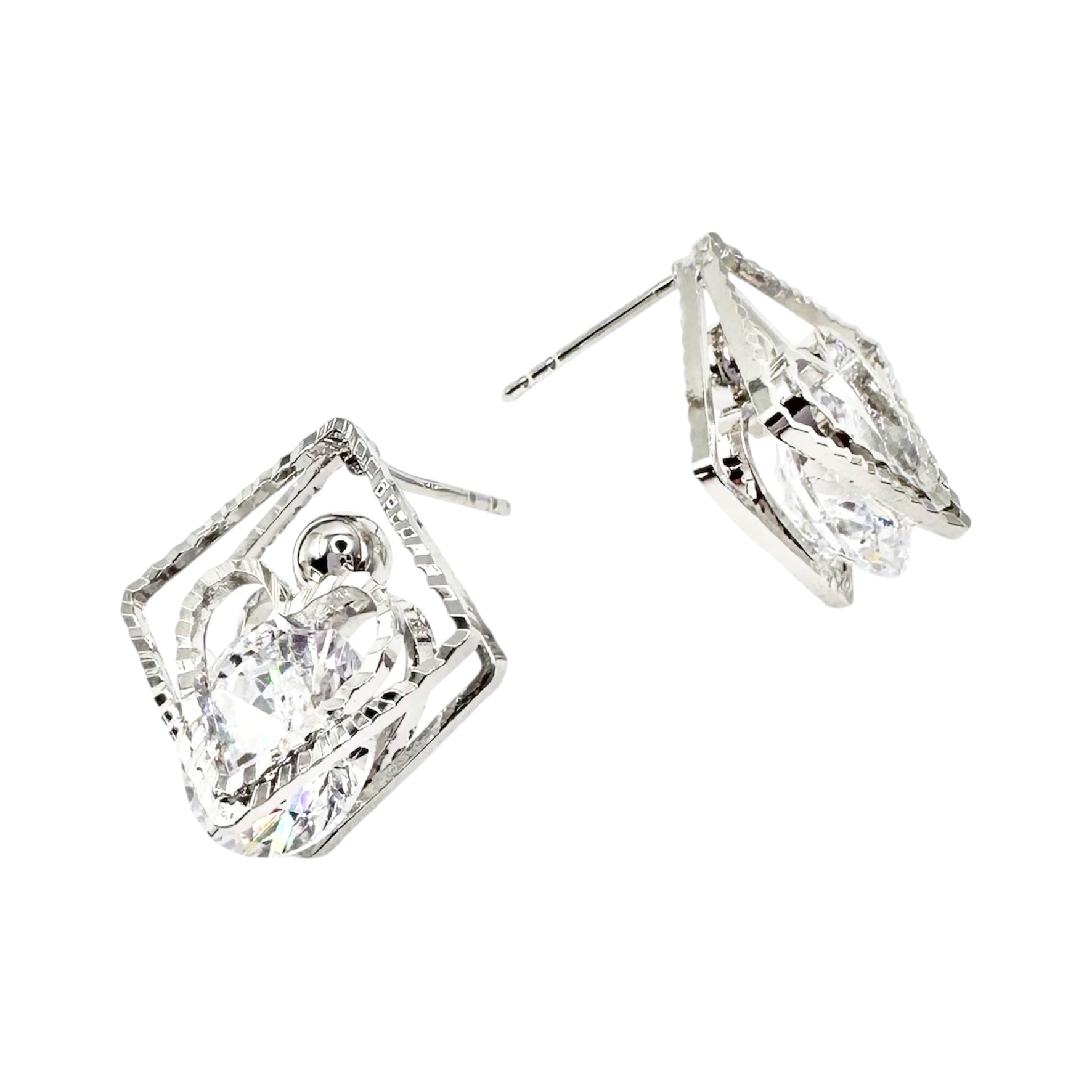 Waterproof Stud Earrings Silver Rhombus Fluted Edge Cushion-Cut Zirconia Floral Crown Bezel Setting Art Deco