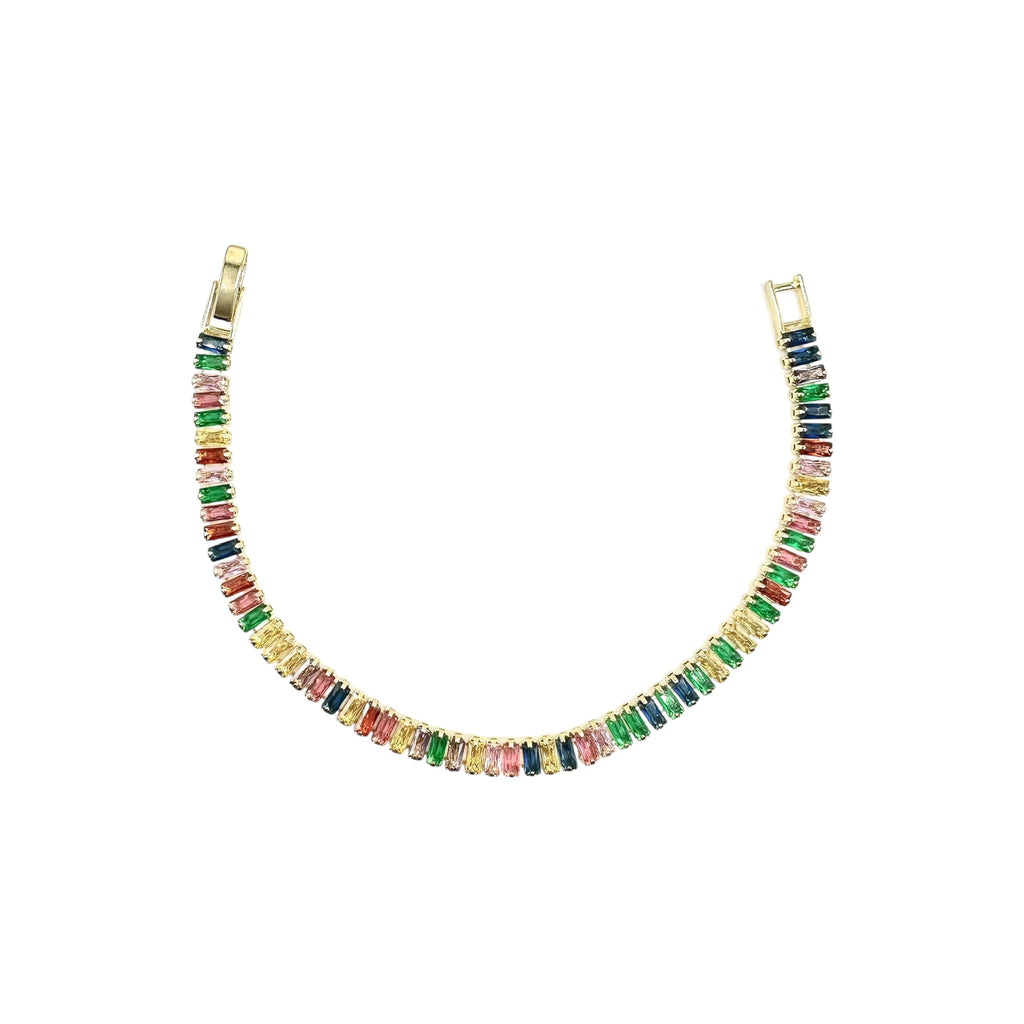 Wasserdichtes Buntes Zirkonia Tennis-Armband, Baguette, goldfarben