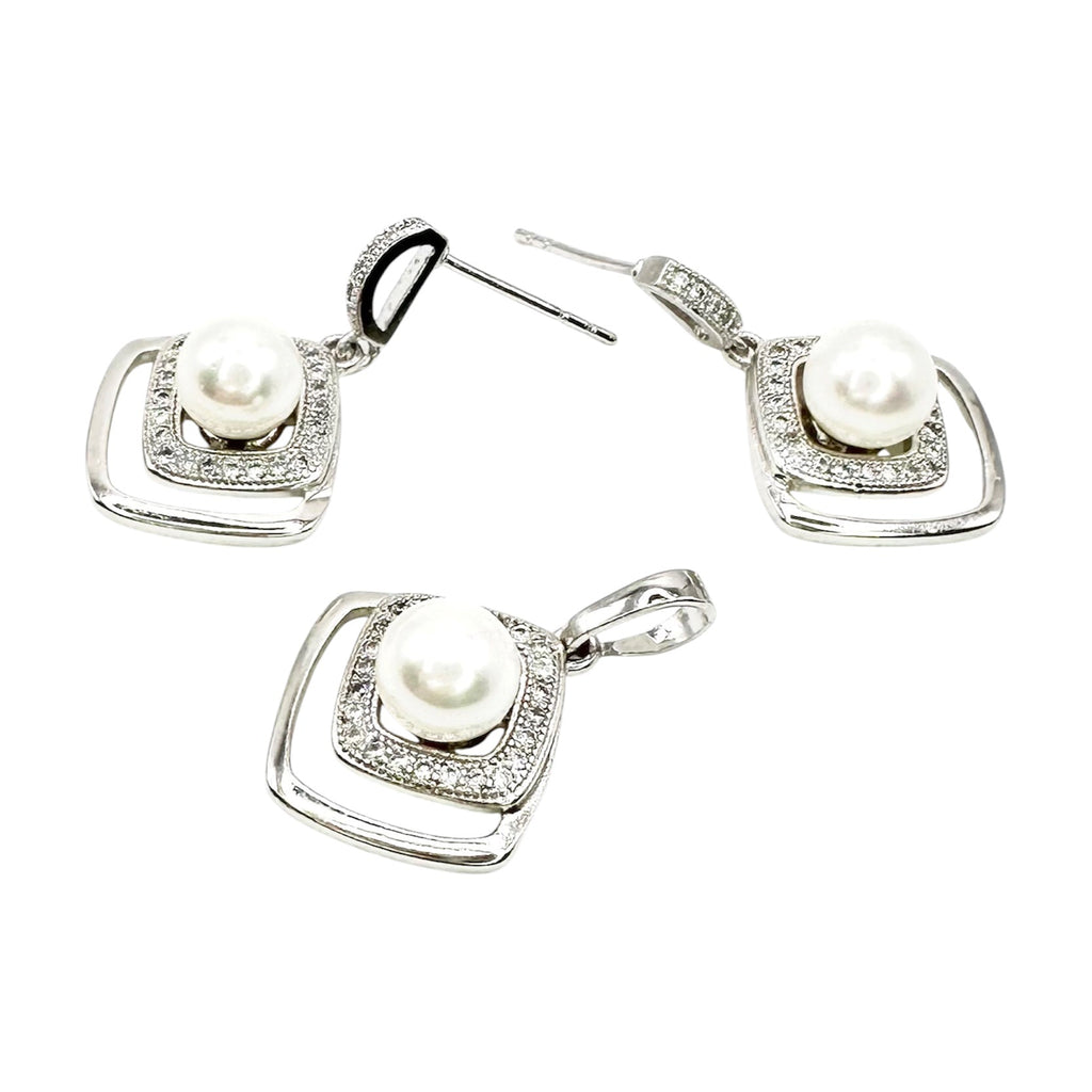 Wasserdichtes Schmuckset Silber Ohrringe Anhänger Weiße Perle 6mm Quadratisch Raute Kristallpavé Halo