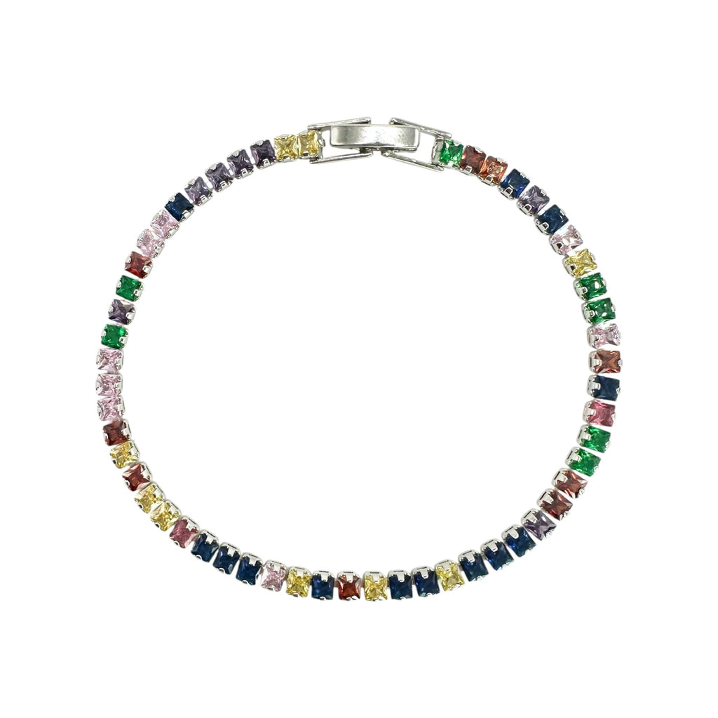 Wasserdichtes Buntes Zirkonia Tennis-Armband, quadratisch, silberfarben