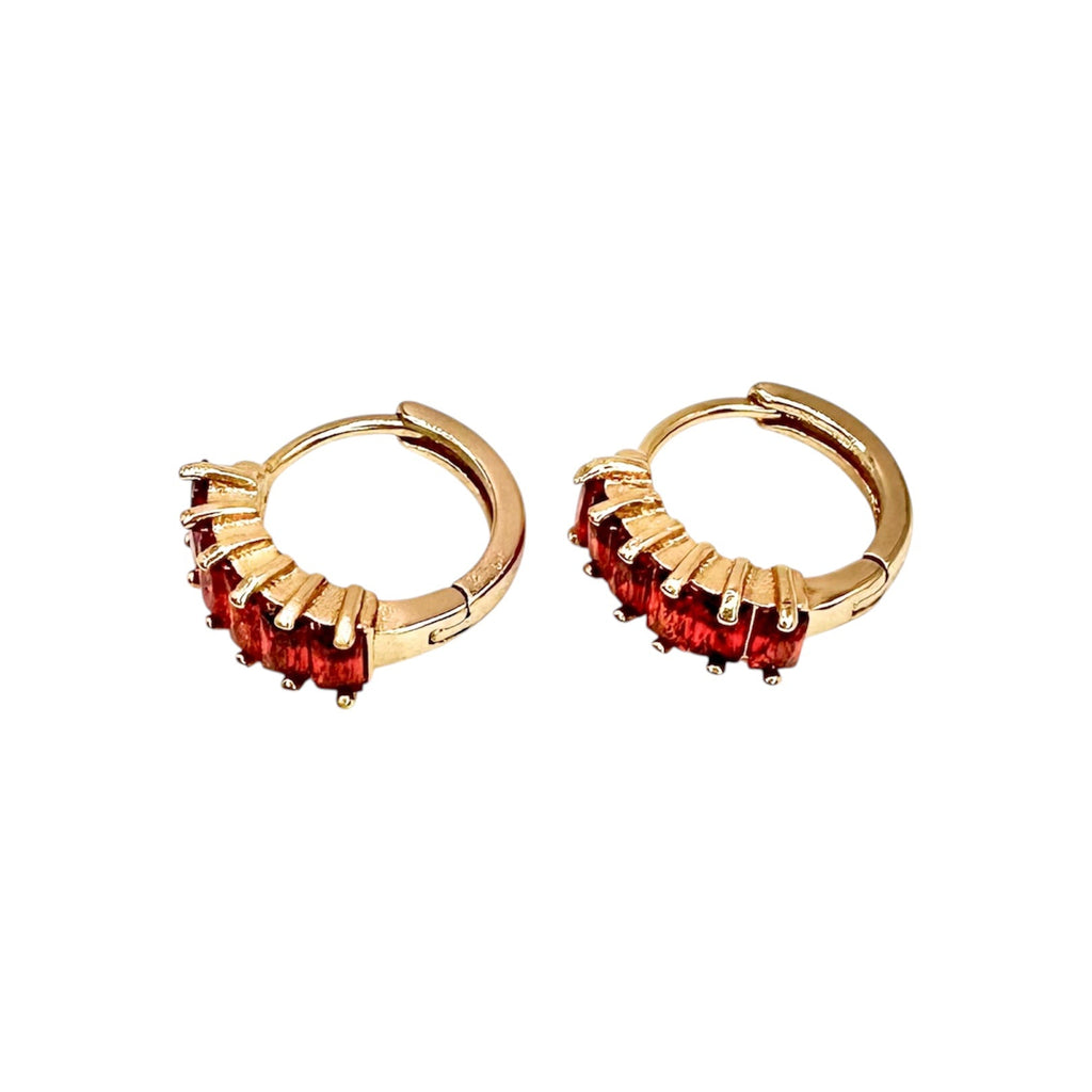 Waterproof Hoop Earrings Gold-Plated Red Ruby Baguette Cubic Zirconia
