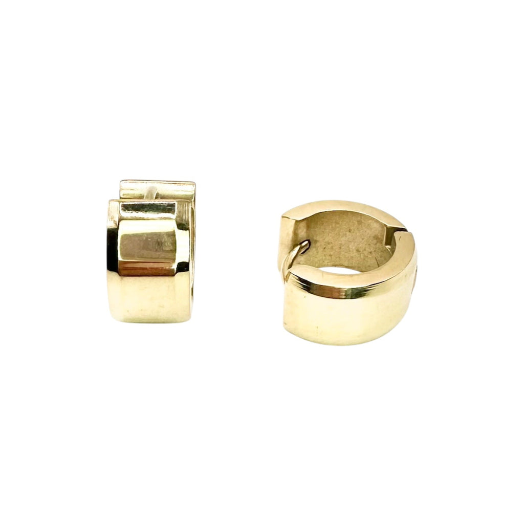Wasserdichte Huggie Creolen Gelbgold Chunky Extra Breit Flach Zylindrisch Poliert Klappverschluss
