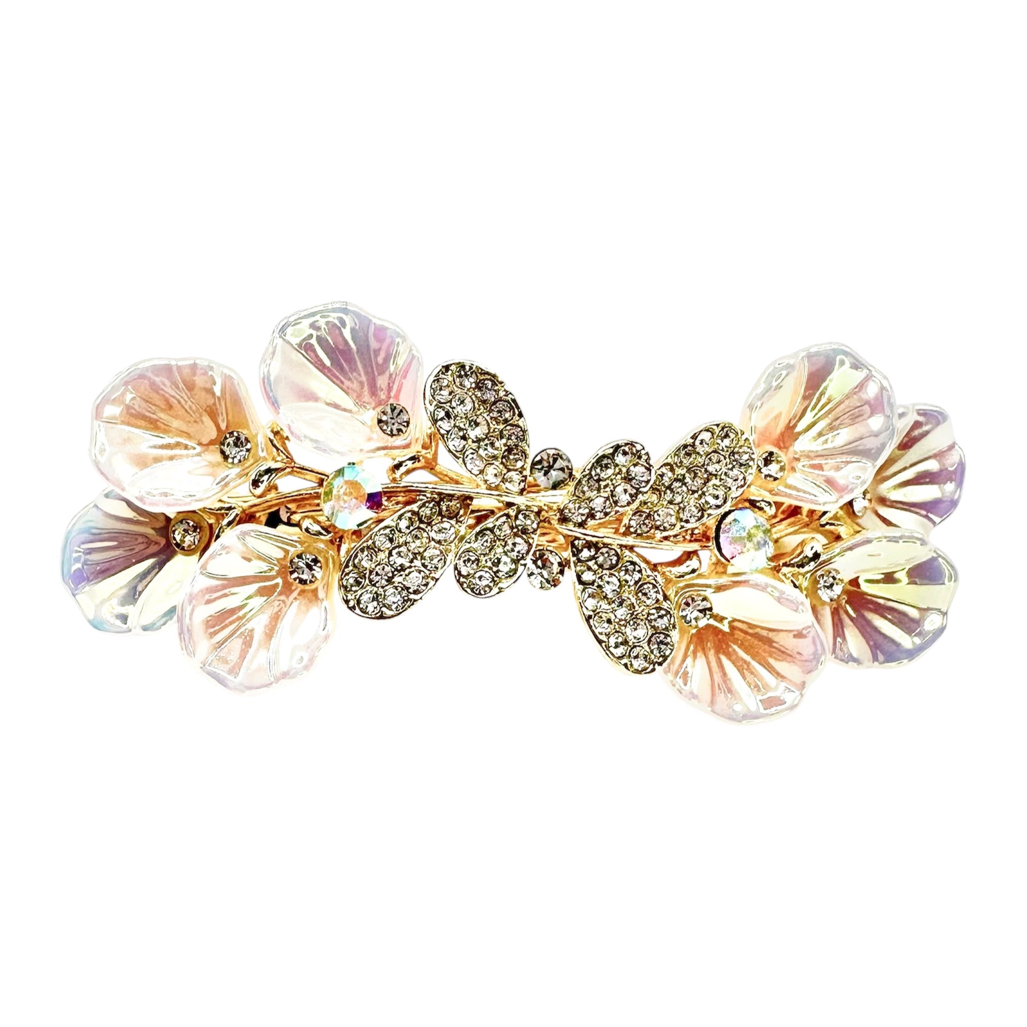Automatikhaarspange Blüten Opal Irisierend Strass Gold