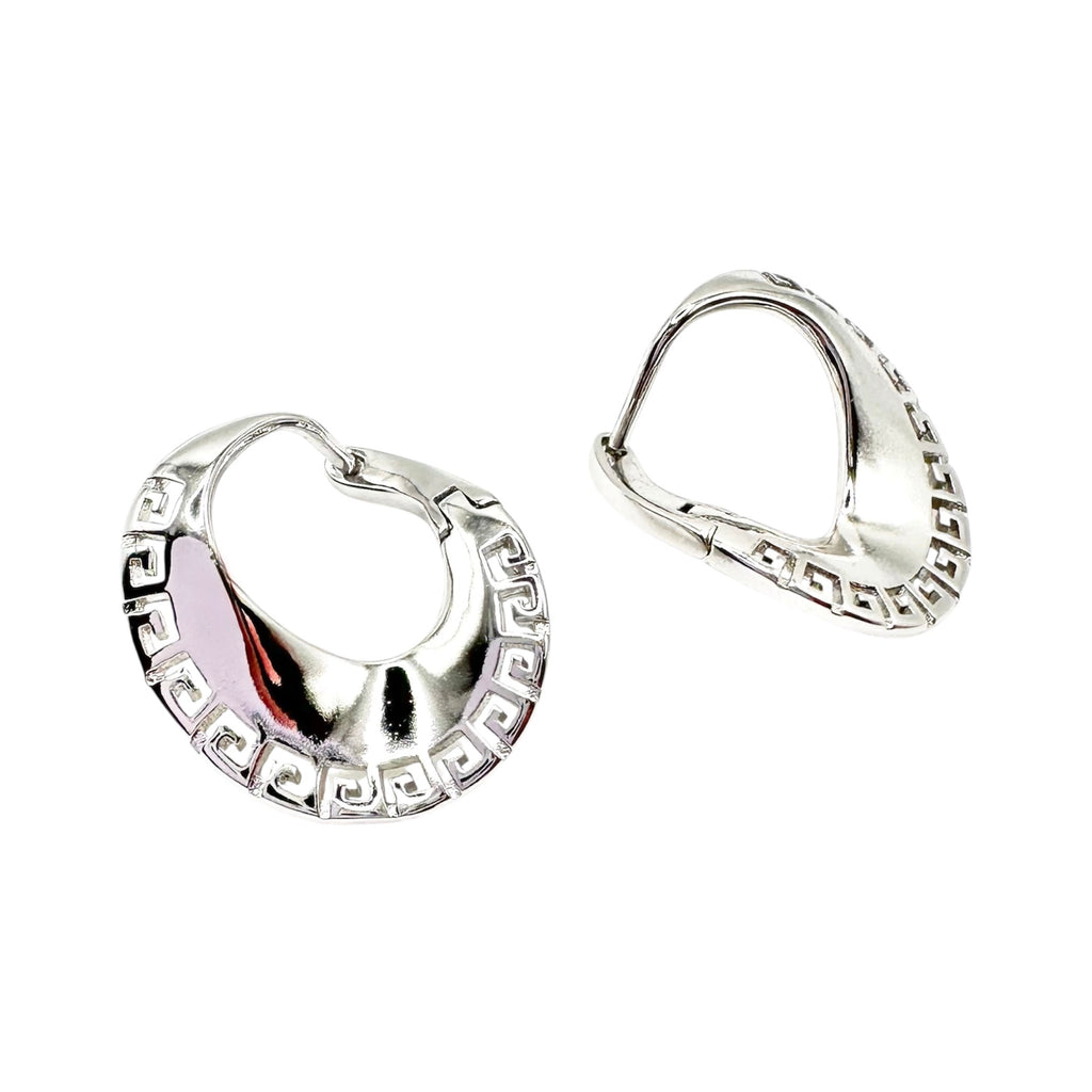 Wasserdichte Creolen Silber Oval Griechischer Mäander Muster Hochpoliert Gewölbt Chunky Klappverschluss 23x19mm