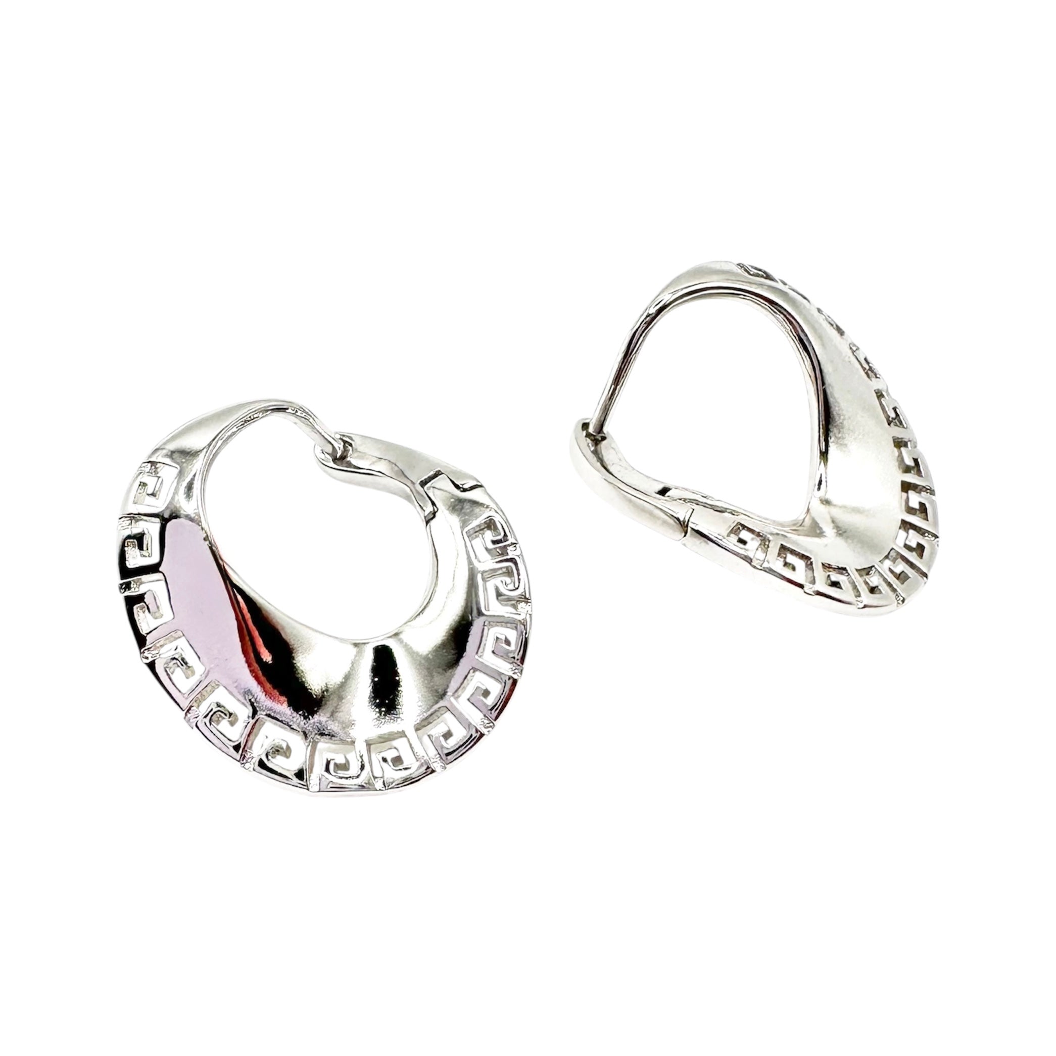 Wasserdichte Creolen Silber Oval Griechischer Mäander Muster Hochpoliert Gewölbt Chunky Klappverschluss 23x19mm