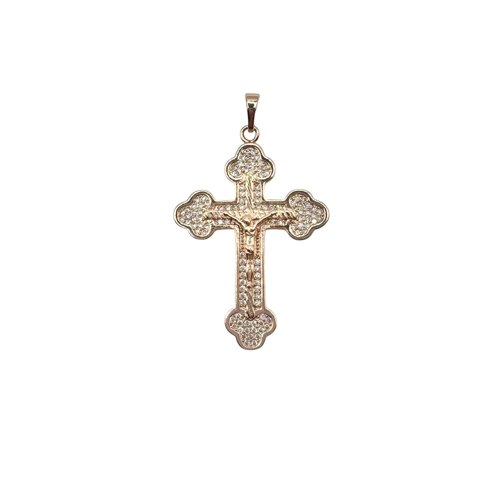 Wasserdichter orthodoxer Kruzifix-Anhänger mit Zirkonia-Pavé und Kleeblatt-Enden Rosegold