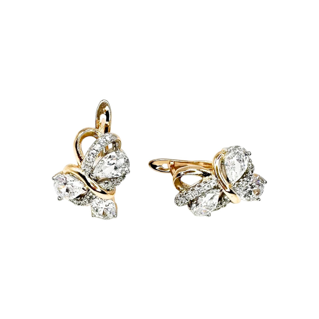 Wasserdichte Ohrringe mit 3 Tropfen-Zirkonia und Halo-Pavé, bicolor gelbgold-silber