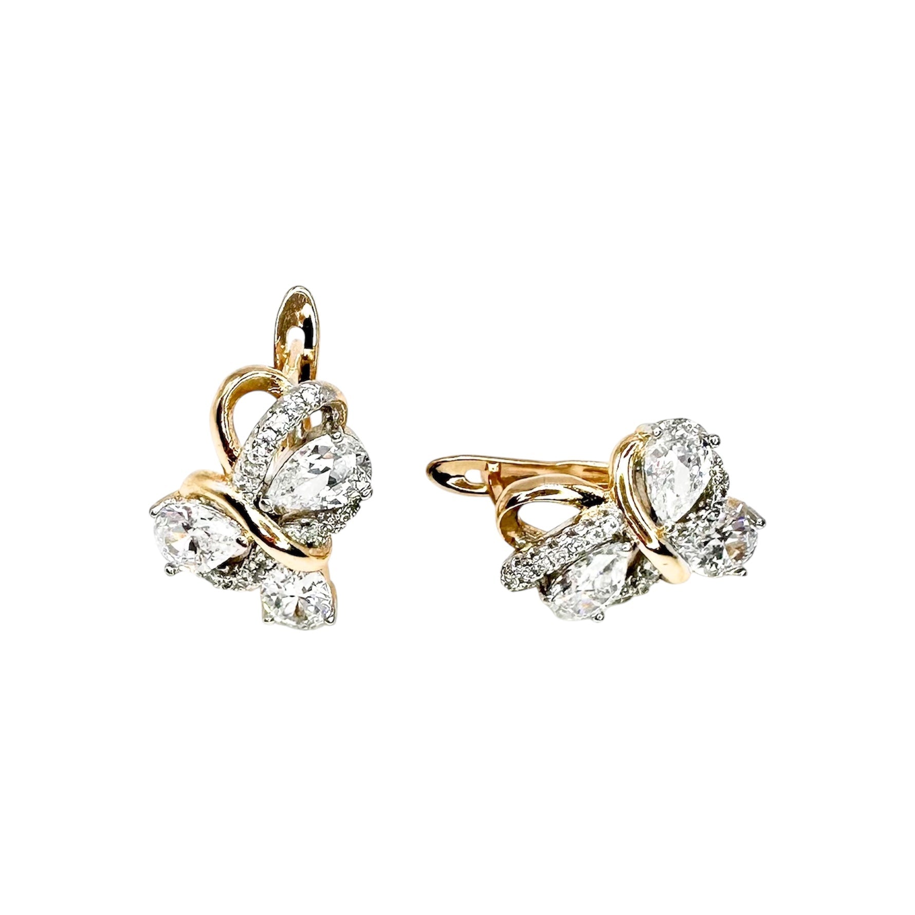 Wasserdichte Ohrringe mit 3 Tropfen-Zirkonia und Halo-Pavé, bicolor gelbgold-silber