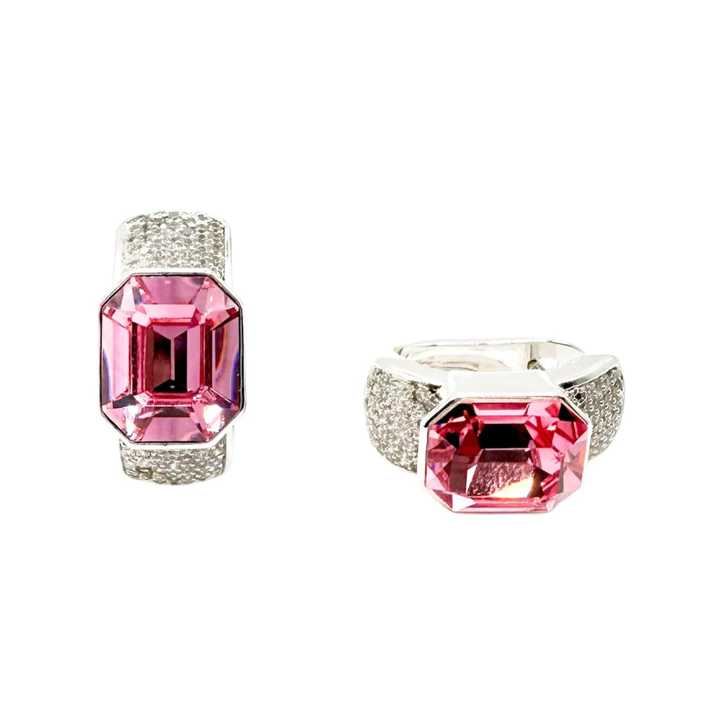 Wasserdichte Huggie Creolen Silber Emerald-Cut Rosa Zirkonia 12x10mm Bezel Kristallpavé Schultern