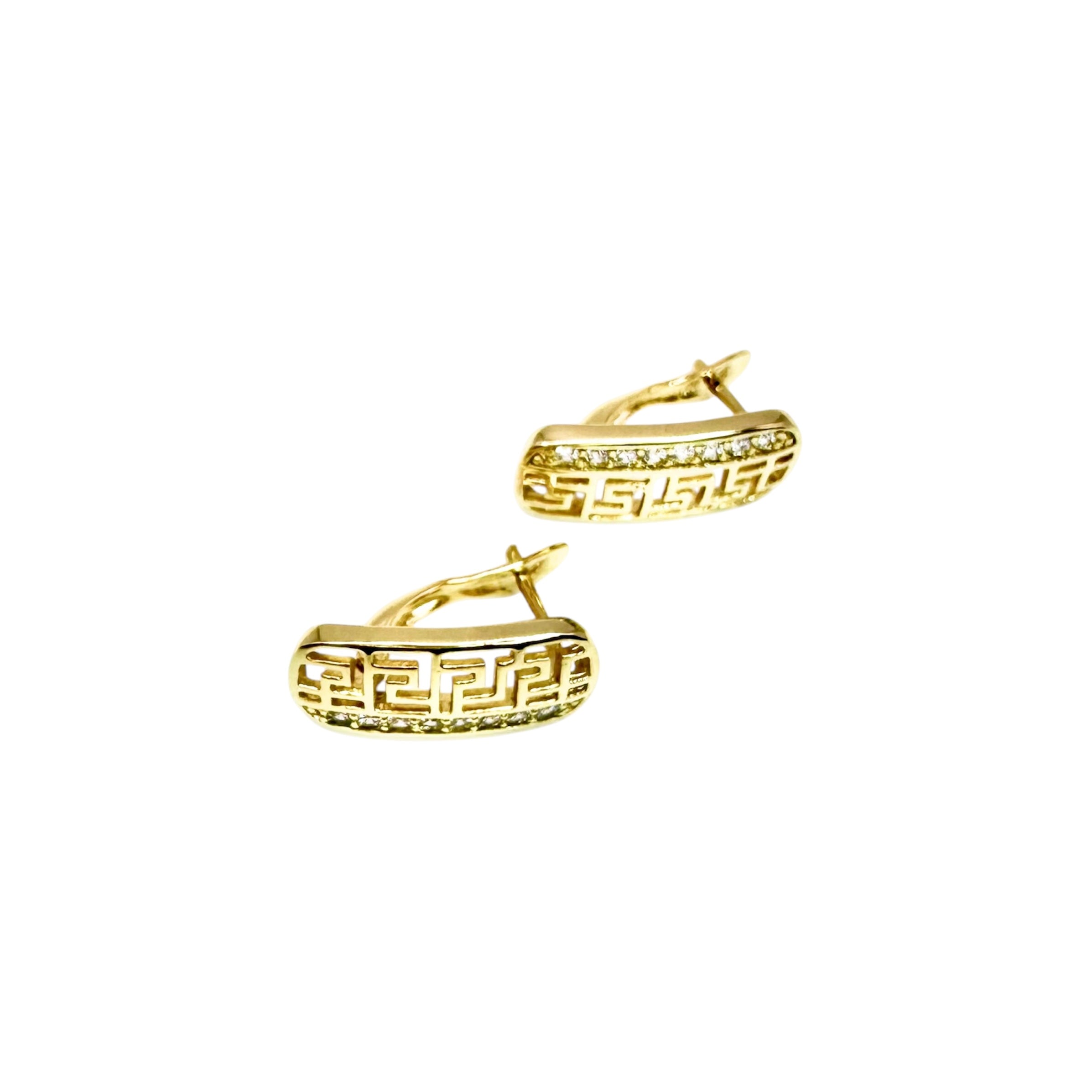 Wasserdichte Ohrringe Gelbgold Griechisches Mäander-Muster Greek Key Kristallpavé Reihe
