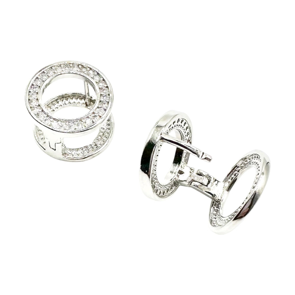 Waterproof Stud Earrings Silver Double Circle Ring Crystal Pave Inner Ring Polished Outer Ring