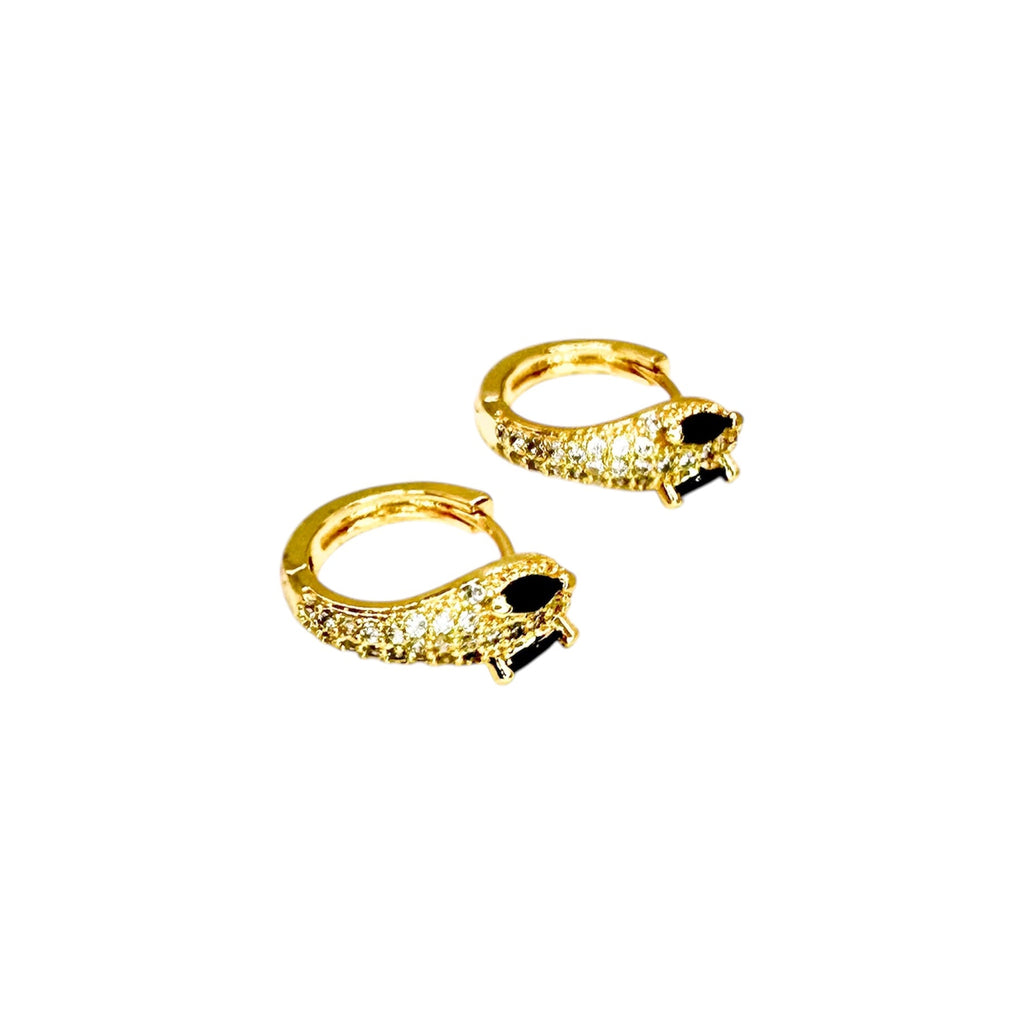 Waterproof Hoop Earrings Gold Color Snake Design Black Zirconia