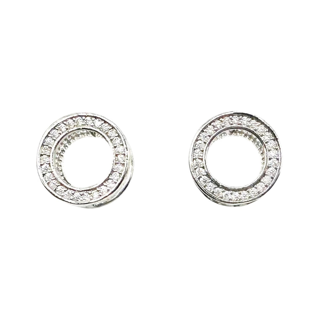 Waterproof Stud Earrings Silver Double Circle Ring Crystal Pave Inner Ring Polished Outer Ring