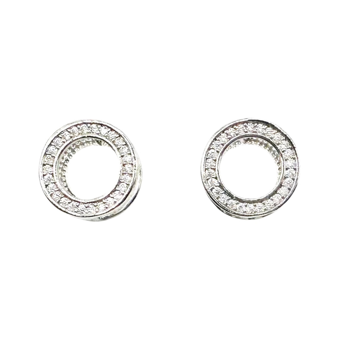 Waterproof Stud Earrings Silver Double Circle Ring Crystal Pave Inner Ring Polished Outer Ring