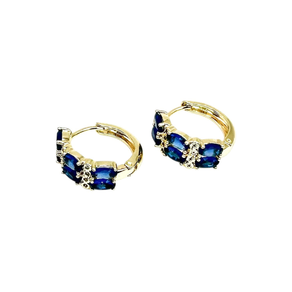 Waterproof Hoop Earrings Gold Color Blue Oval Zirconia