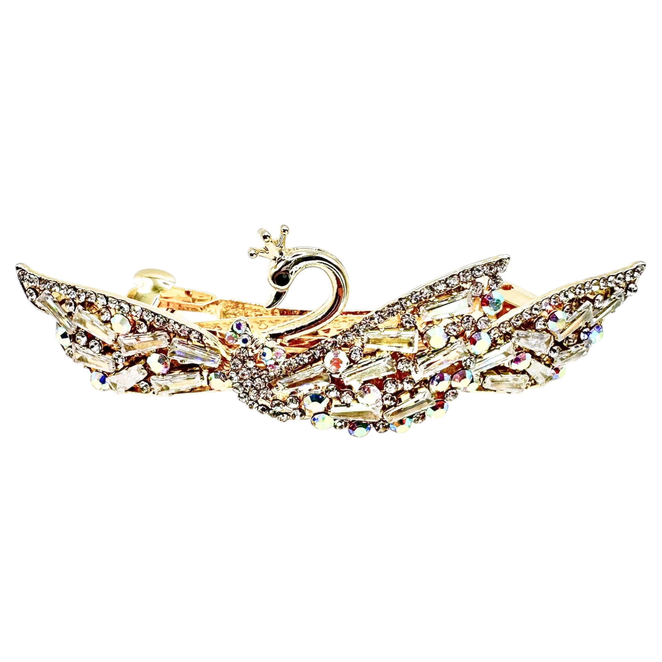 Automatikhaarspange Schwan Krone Aurora Baguette Kristall Gold