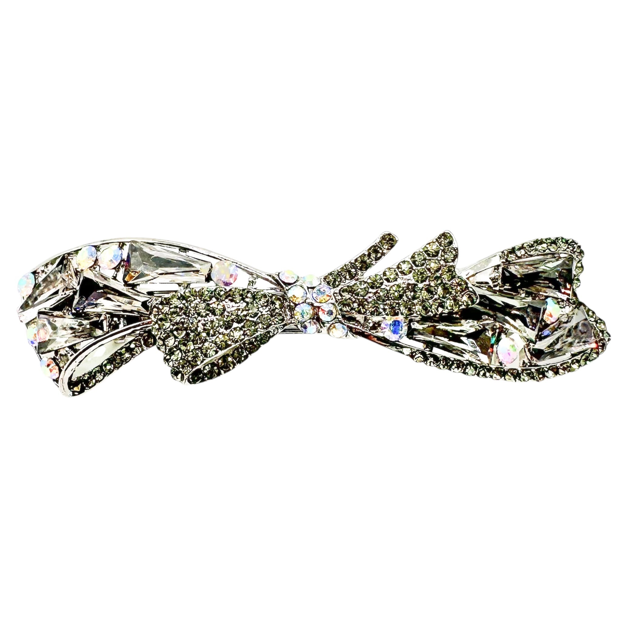 Automatikhaarspange Schleife Silber Kristall Baguette Anthrazit Strass Aurora