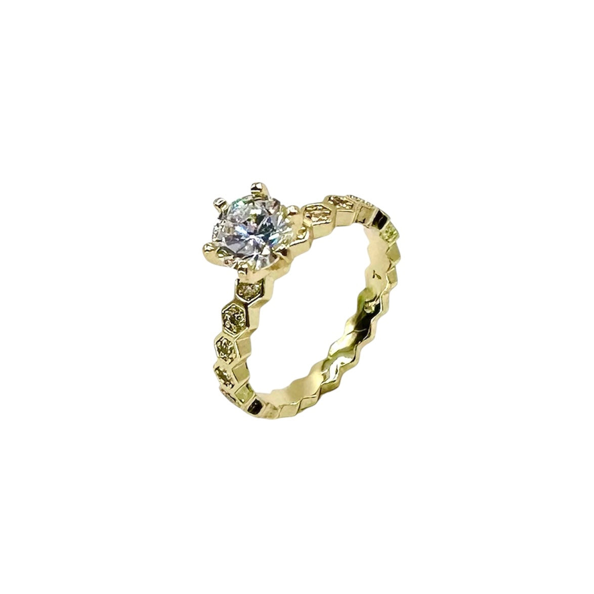 Wasserdichter Solitär-Ring mit Zirkonia und Waben-Band Gold