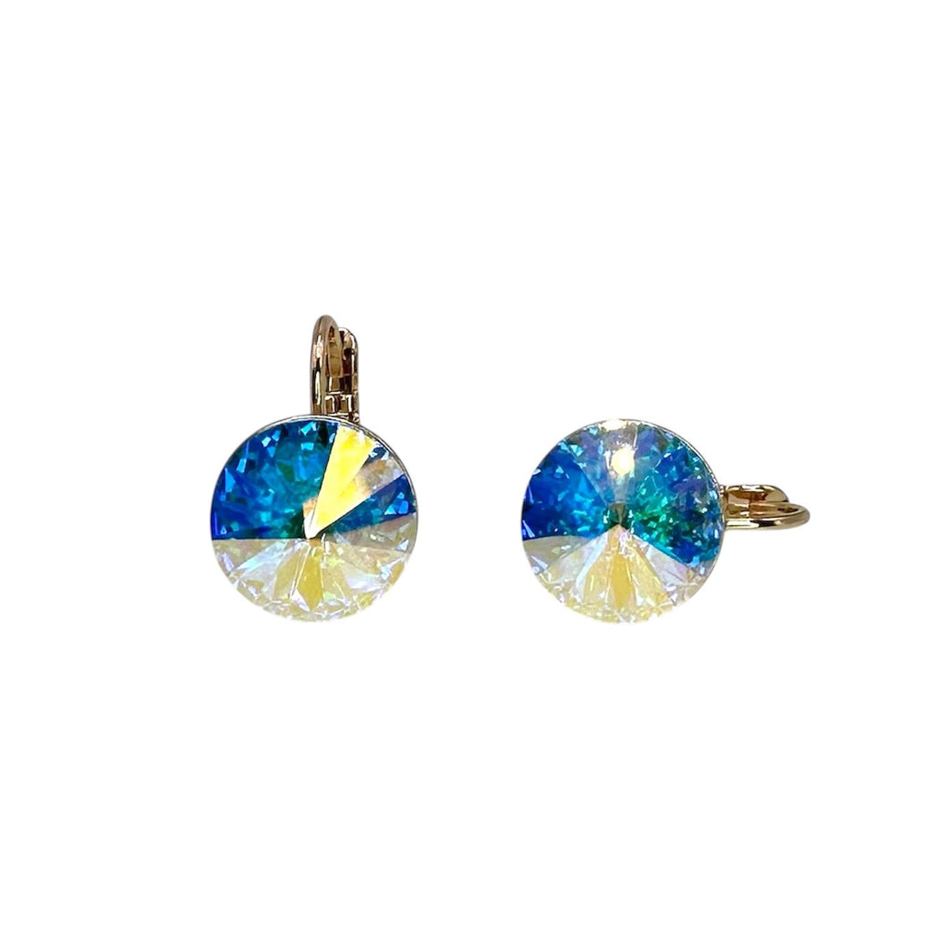 Waterproof Rivoli Crystal Earrings Aurora Borealis AB Gold 12mm