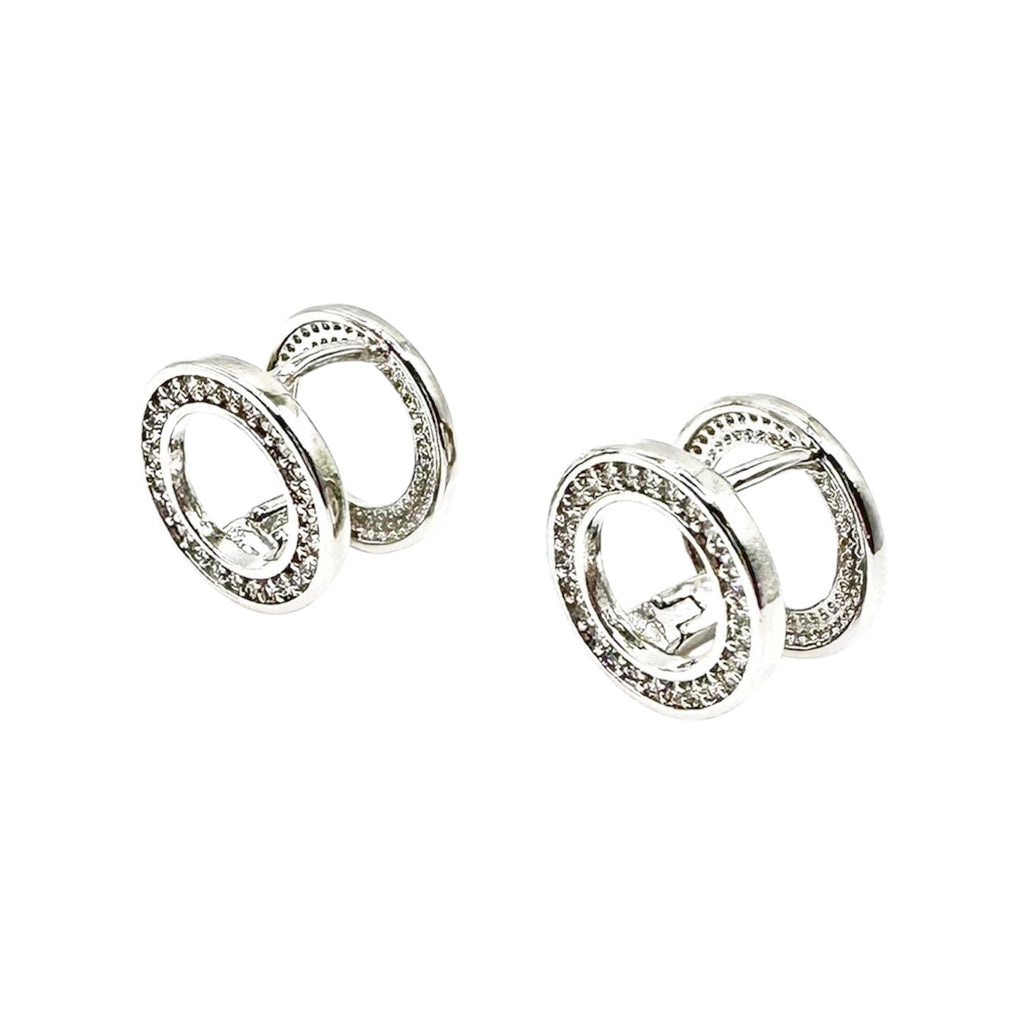 Waterproof Stud Earrings Silver Double Circle Ring Crystal Pave Inner Ring Polished Outer Ring