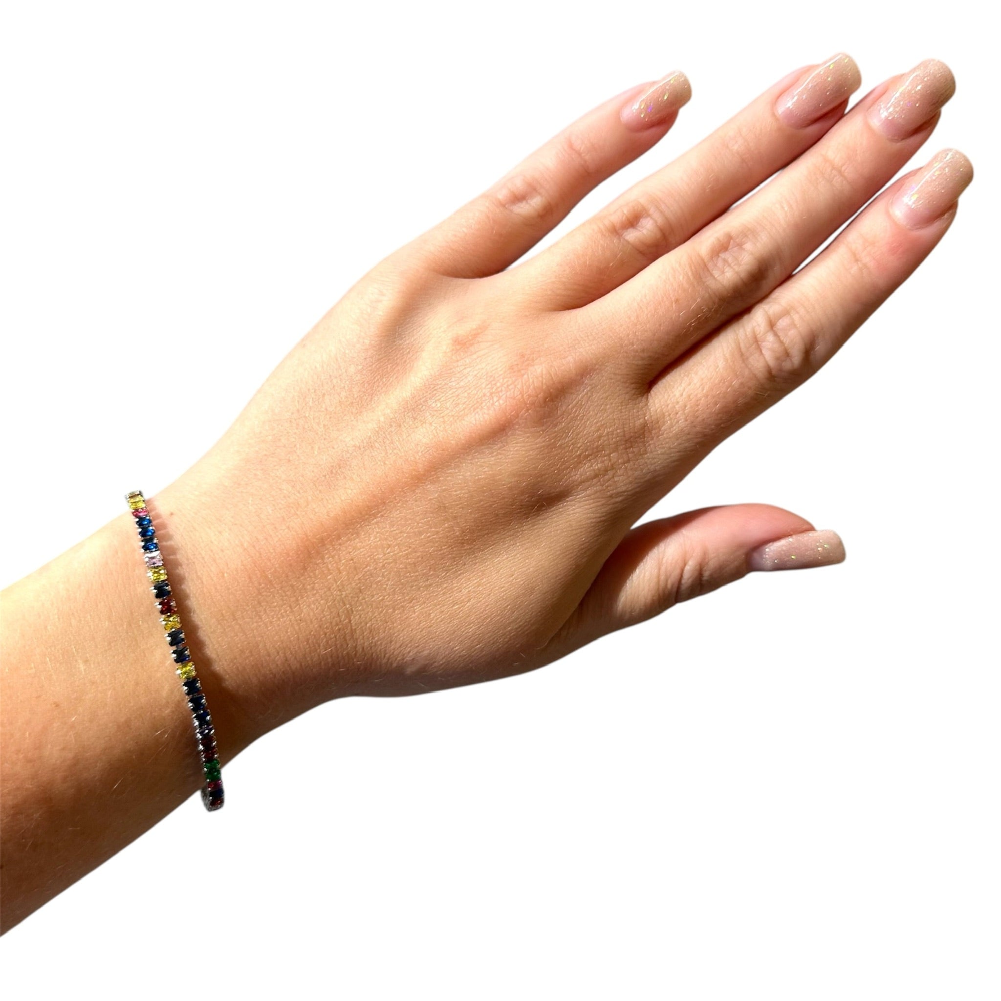 Wasserdichtes Buntes Zirkonia Tennis-Armband, quadratisch, silberfarben