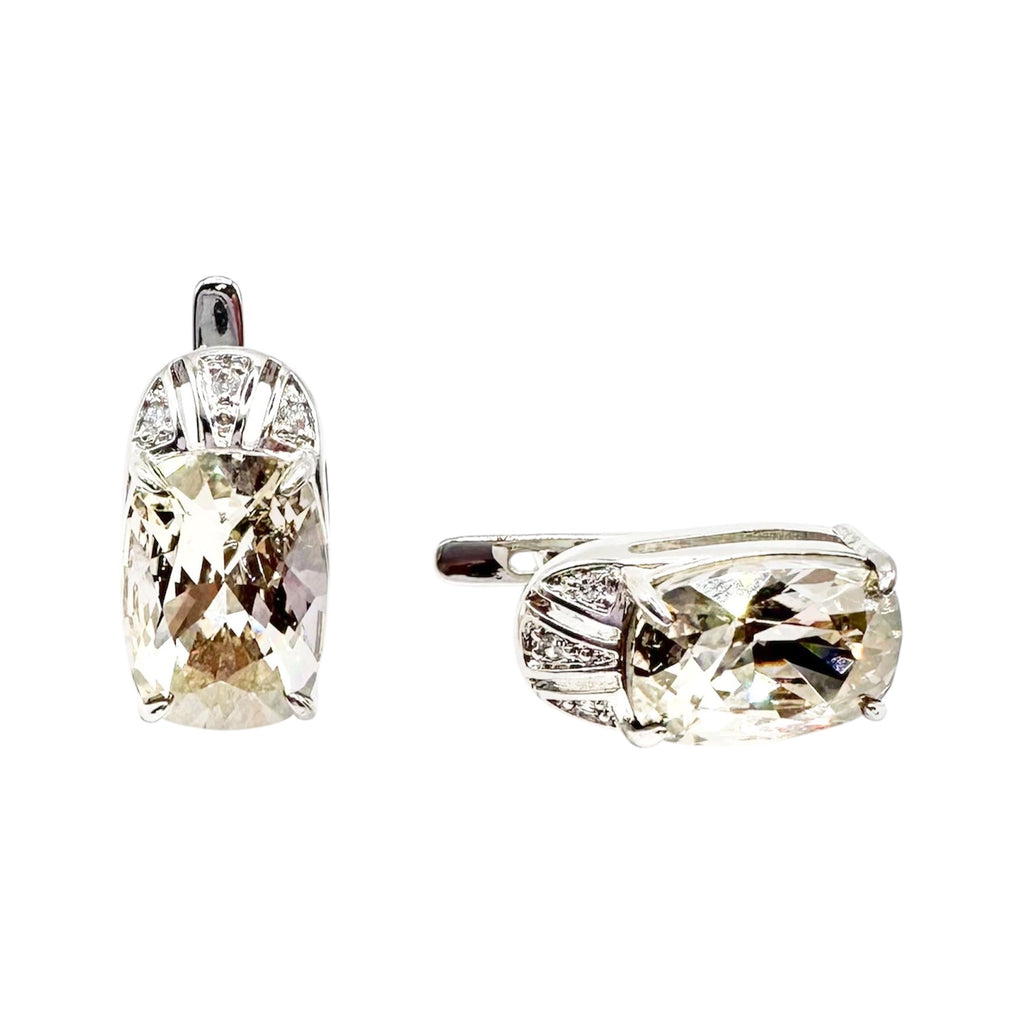Waterproof Earrings Silver Cushion-Cut Champagne Zirconia 14x10mm 4-Claw Art Deco Fan Crystal Pave Cap