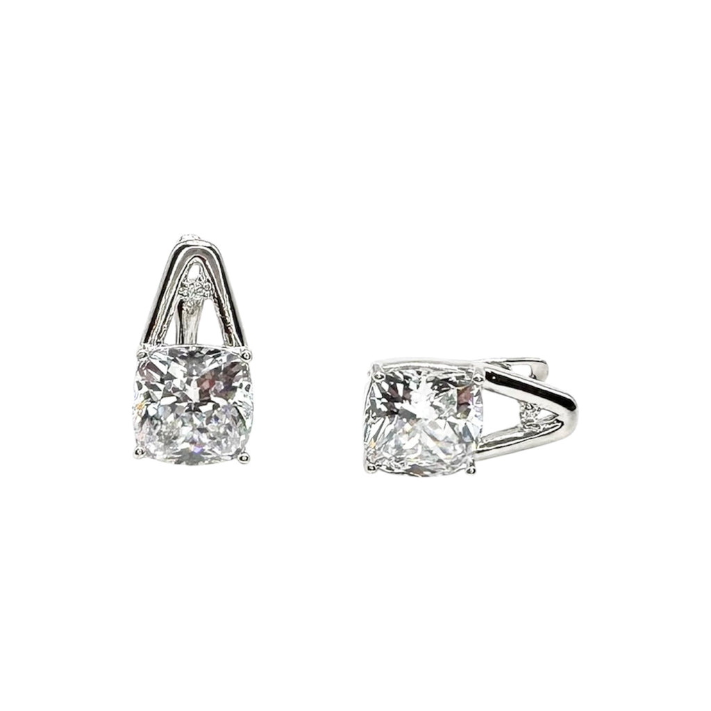Waterproof Sterling Silver Cushion-Cut Zirconia 9mm 4-Prong Setting Curved Leverback Zirconia Accent