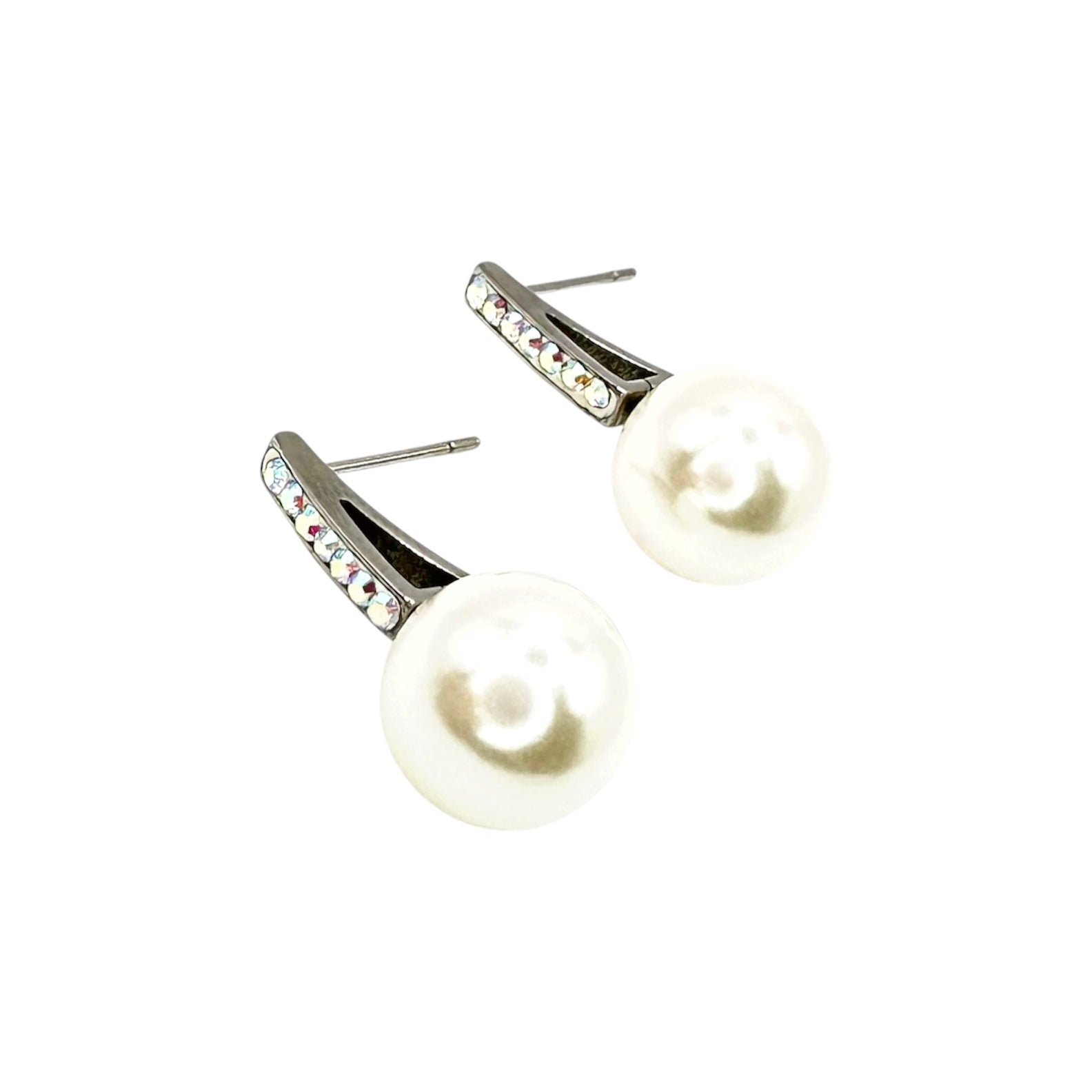 Wasserdichte Ohrstecker Silber Große Weiße Perle 12mm Kristallpavé Balken AB-Kristalle Aurora Borealis Stecker