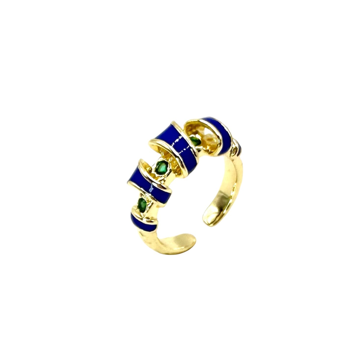 Wasserdichter offener Ring mit blauer Emaille und grünem Zirkonia Gold