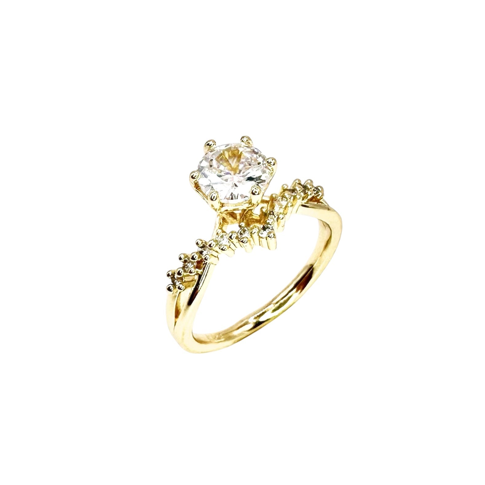 Wasserdichter Solitär-Ring mit rundem Zirkonia und Seitensteinen Gold