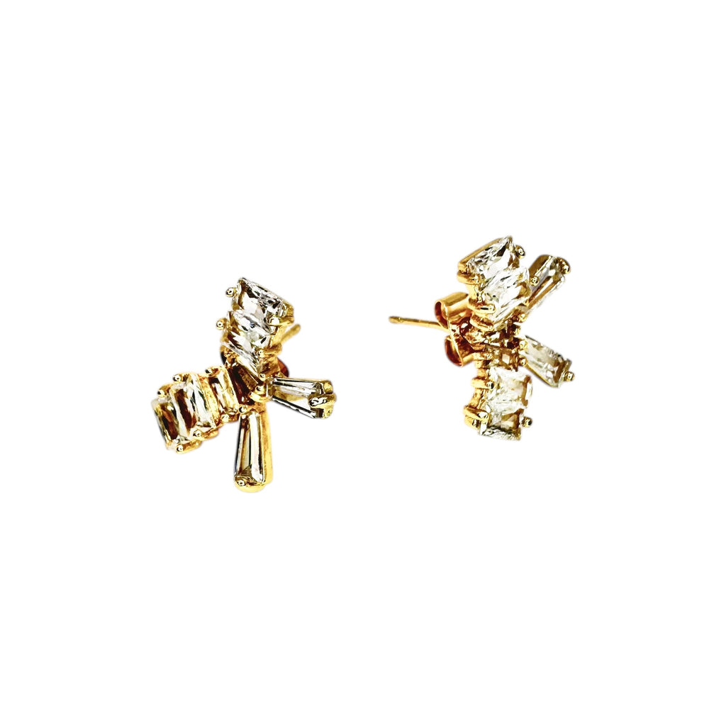 Wasserdichte Ohrstecker Gelbgold Schleife Baguette Marquise Zirkonia Cluster