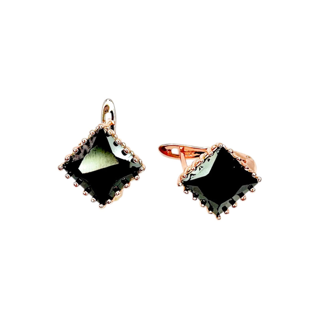 Wasserdichte Ohrringe mit schwarzem Quadrat-Zirkonia 9mm in Kronenfassung, roségoldfarben