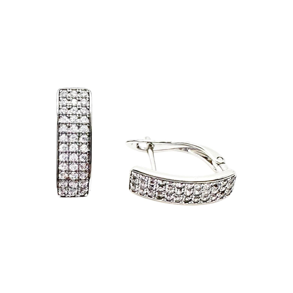 Waterproof Sterling Silver Huggie Hoop Earrings Triple Row Crystal Pavé Fully Encased White Rectangular Curved
