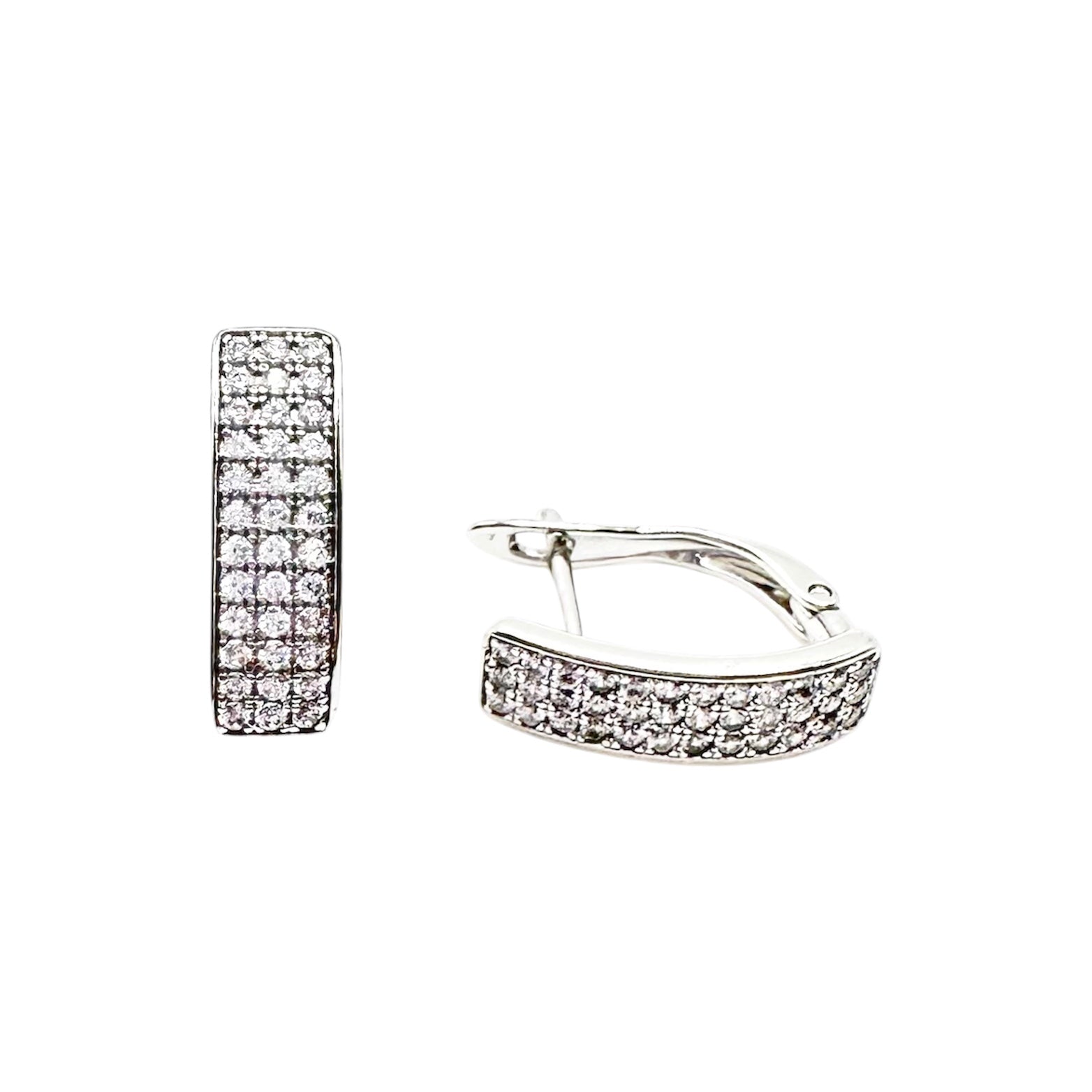 Waterproof Sterling Silver Huggie Hoop Earrings Triple Row Crystal Pavé Fully Encased White Rectangular Curved