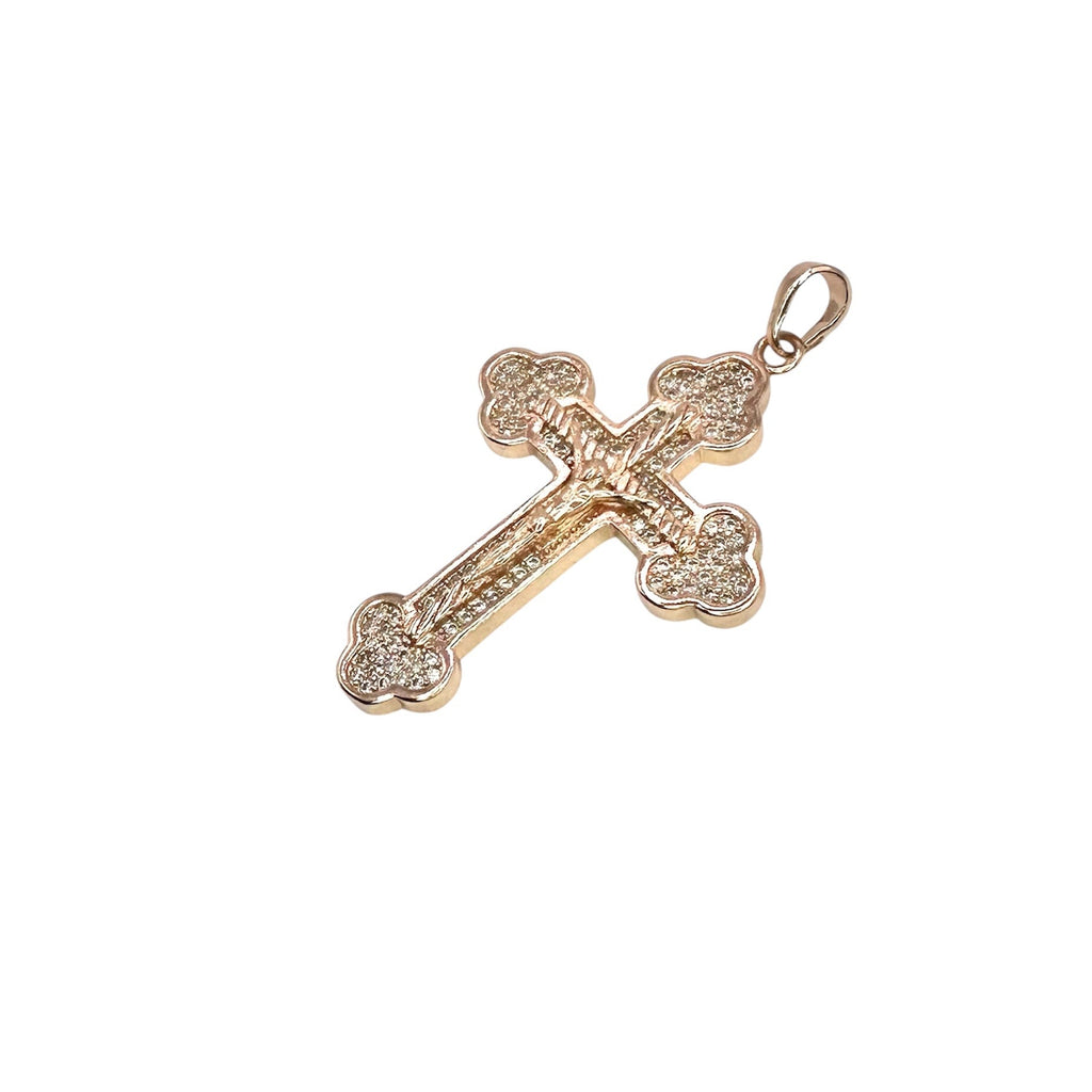 Wasserdichter orthodoxer Kruzifix-Anhänger mit Zirkonia-Pavé und Kleeblatt-Enden Rosegold