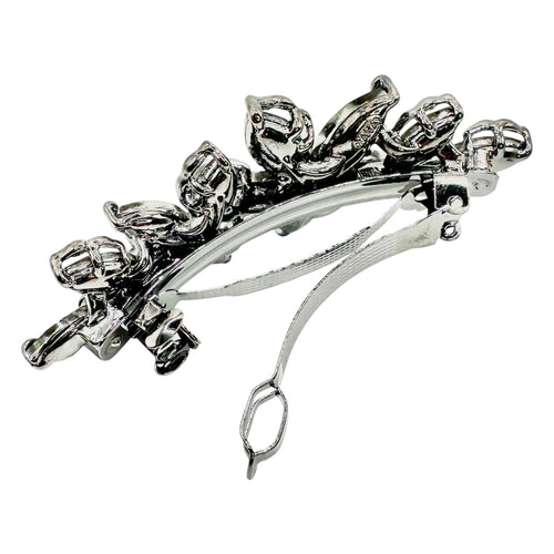 Automatikhaarspange Doppelblume Silber Navette Kristall Rauchgrau Champagner