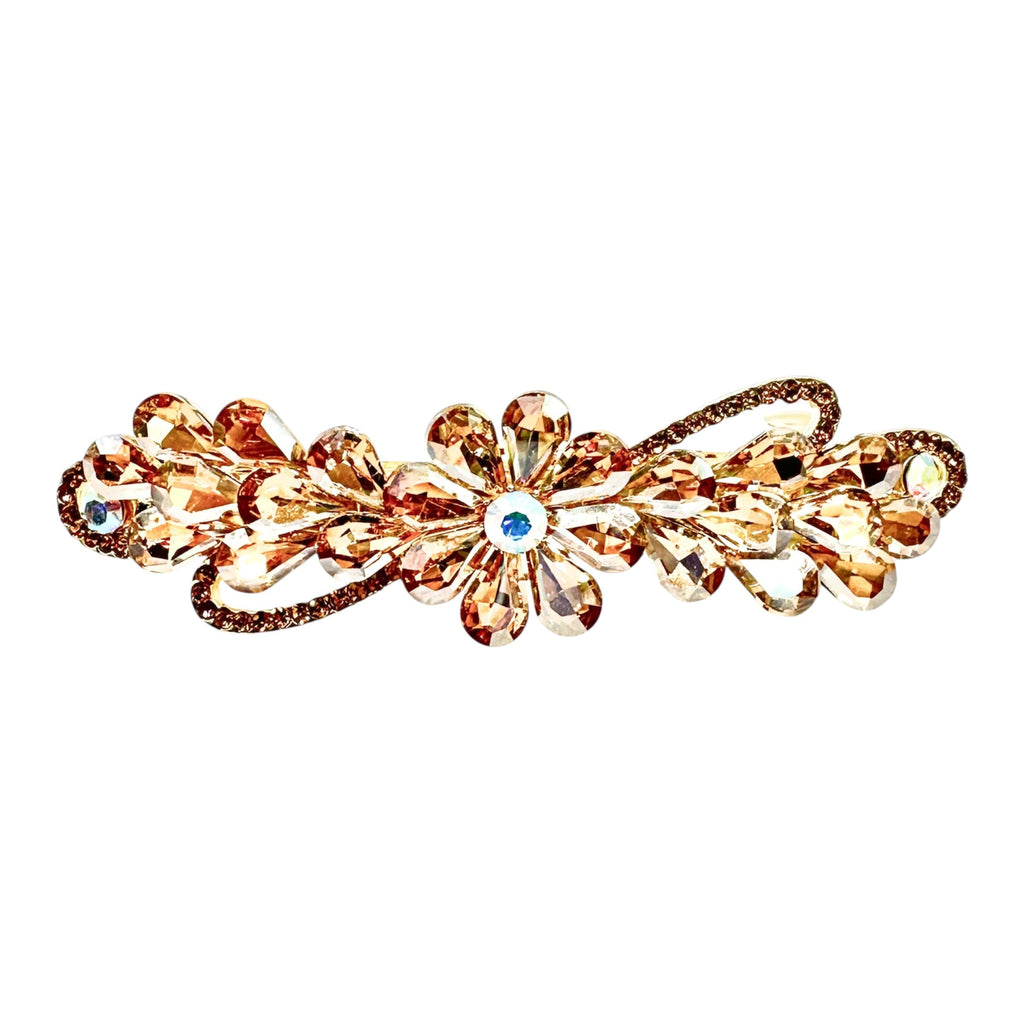 Automatikhaarspange Schleife Gold Champagner Kristallblume Tropfen Braun Strass