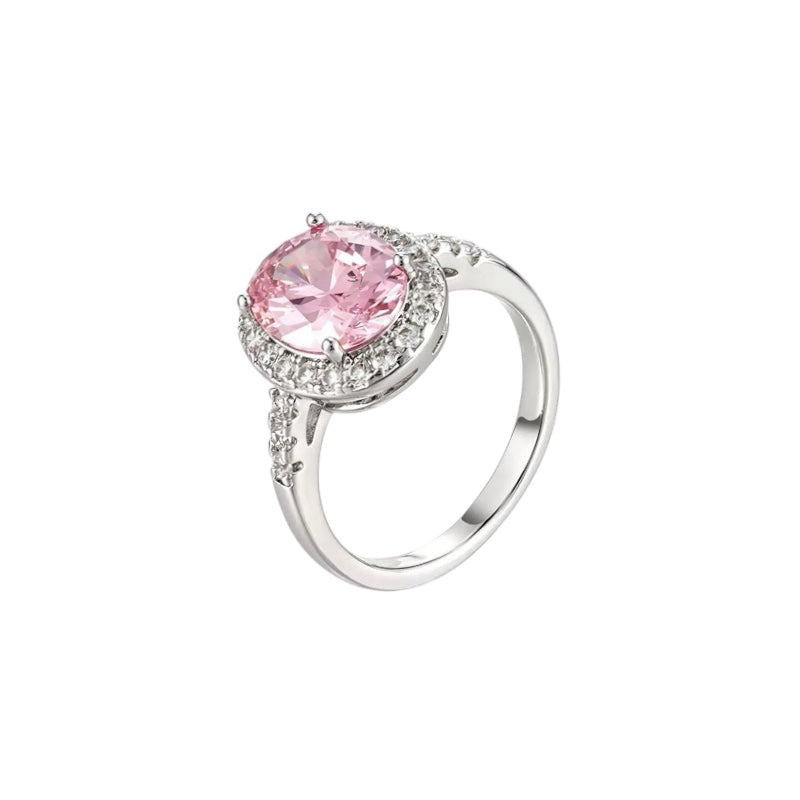 Wasserdichter Halo-Ring mit ovalem rosa Zirkonia und Pavé Silber