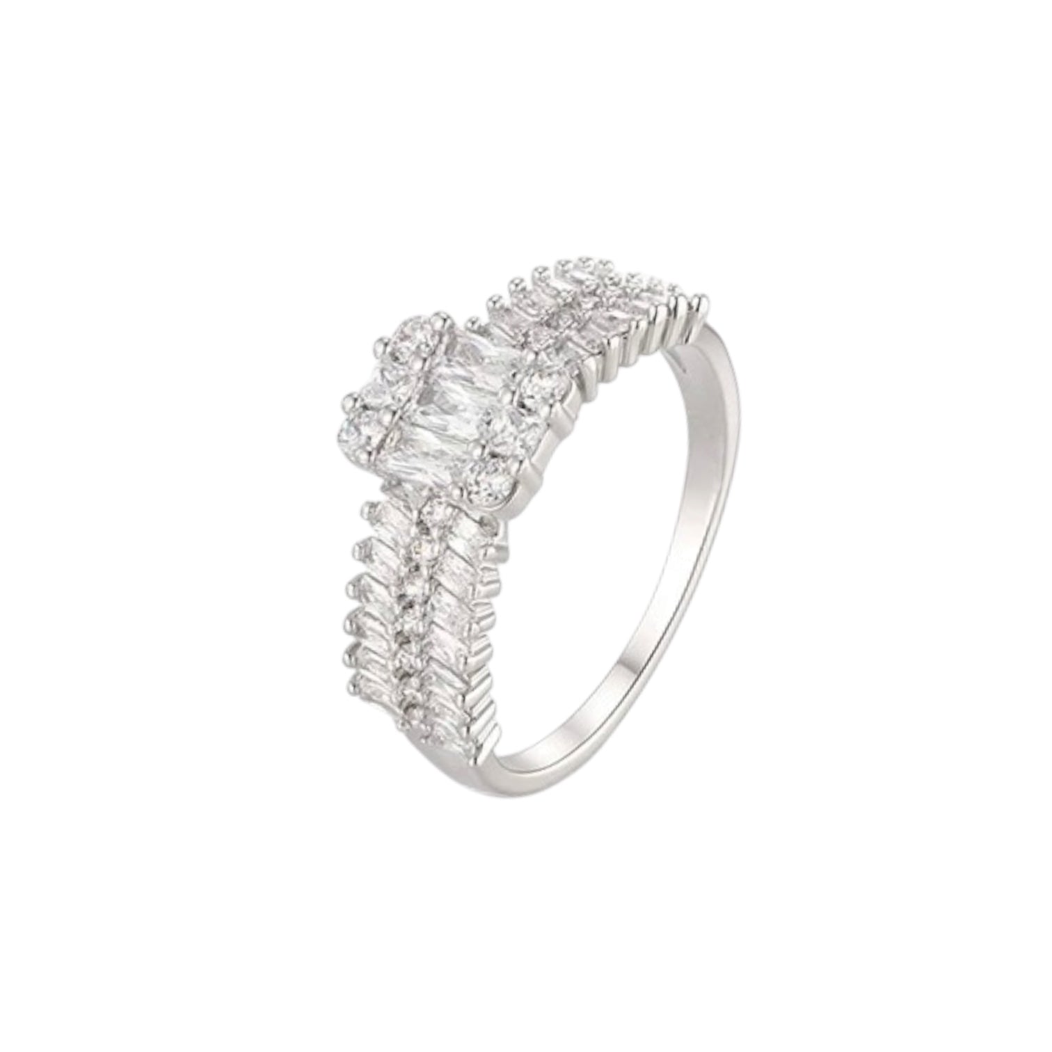 Wasserdichter Luxus-Cocktail-Ring mit Baguette- und Rundschliff-Zirkonia Silber