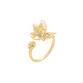 Wasserdichter offener Schmetterling-Ring mit Perlen, Zirkonia und Blüten-Akzent Gold