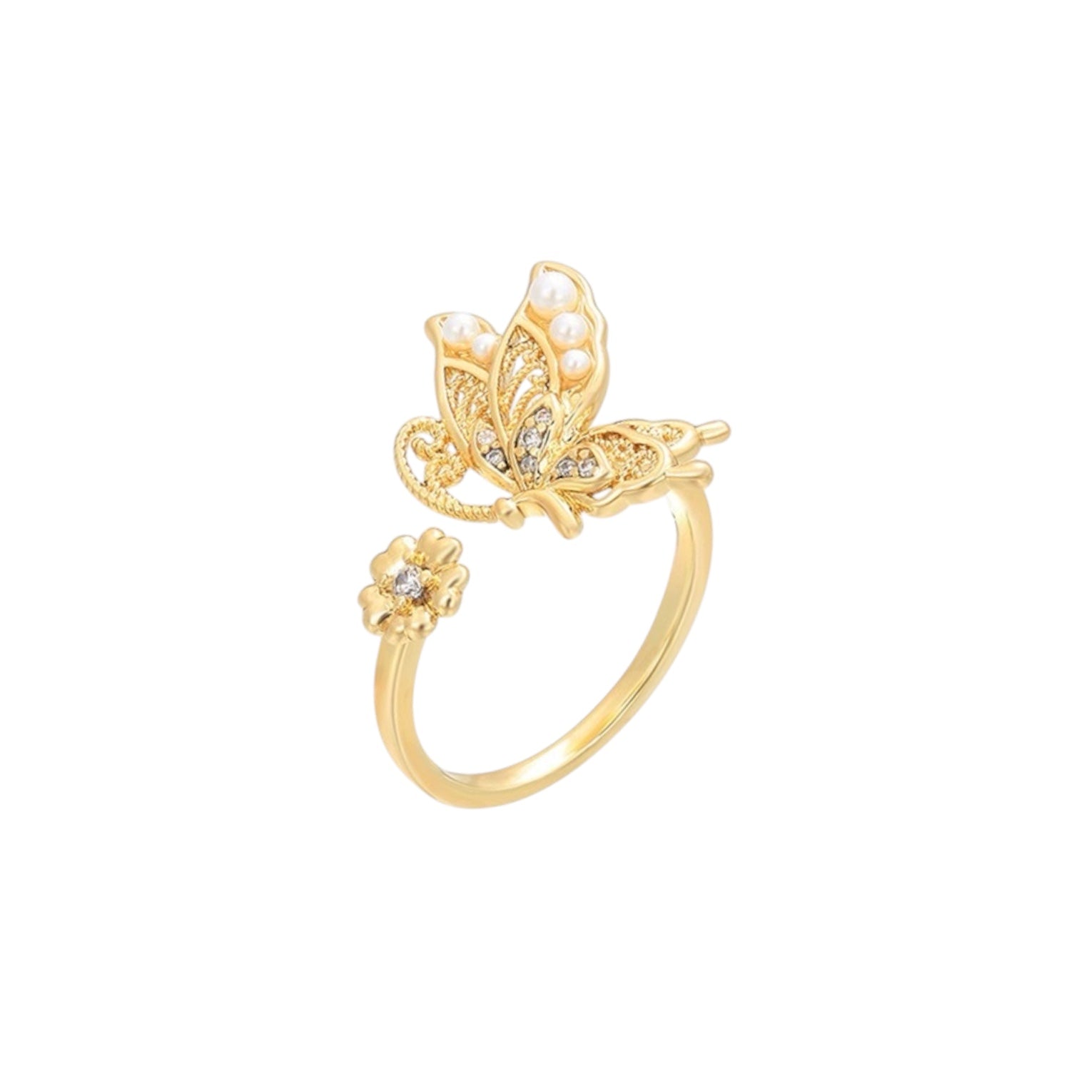 Wasserdichter offener Schmetterling-Ring mit Perlen, Zirkonia und Blüten-Akzent Gold