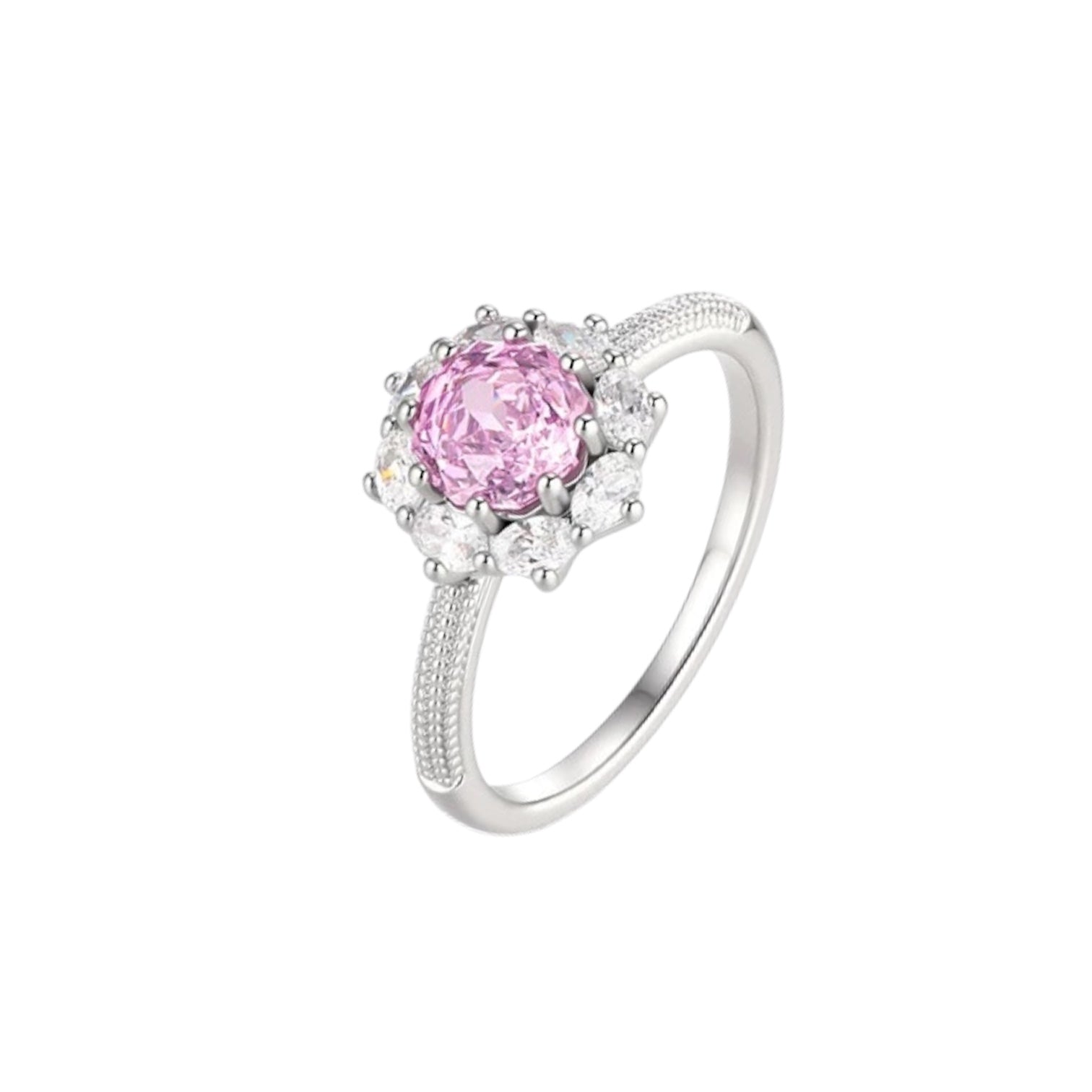Wasserdichter Blumen-Halo-Ring mit rundem rosa Zirkonia und Pavé Silber