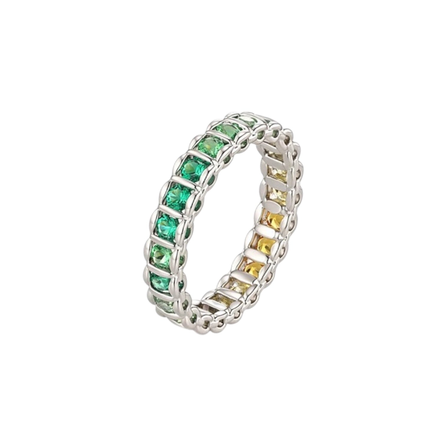 Wasserdichter Farbverlauf-Eternity-Ring mit grünen und gelben Zirkonia Silber