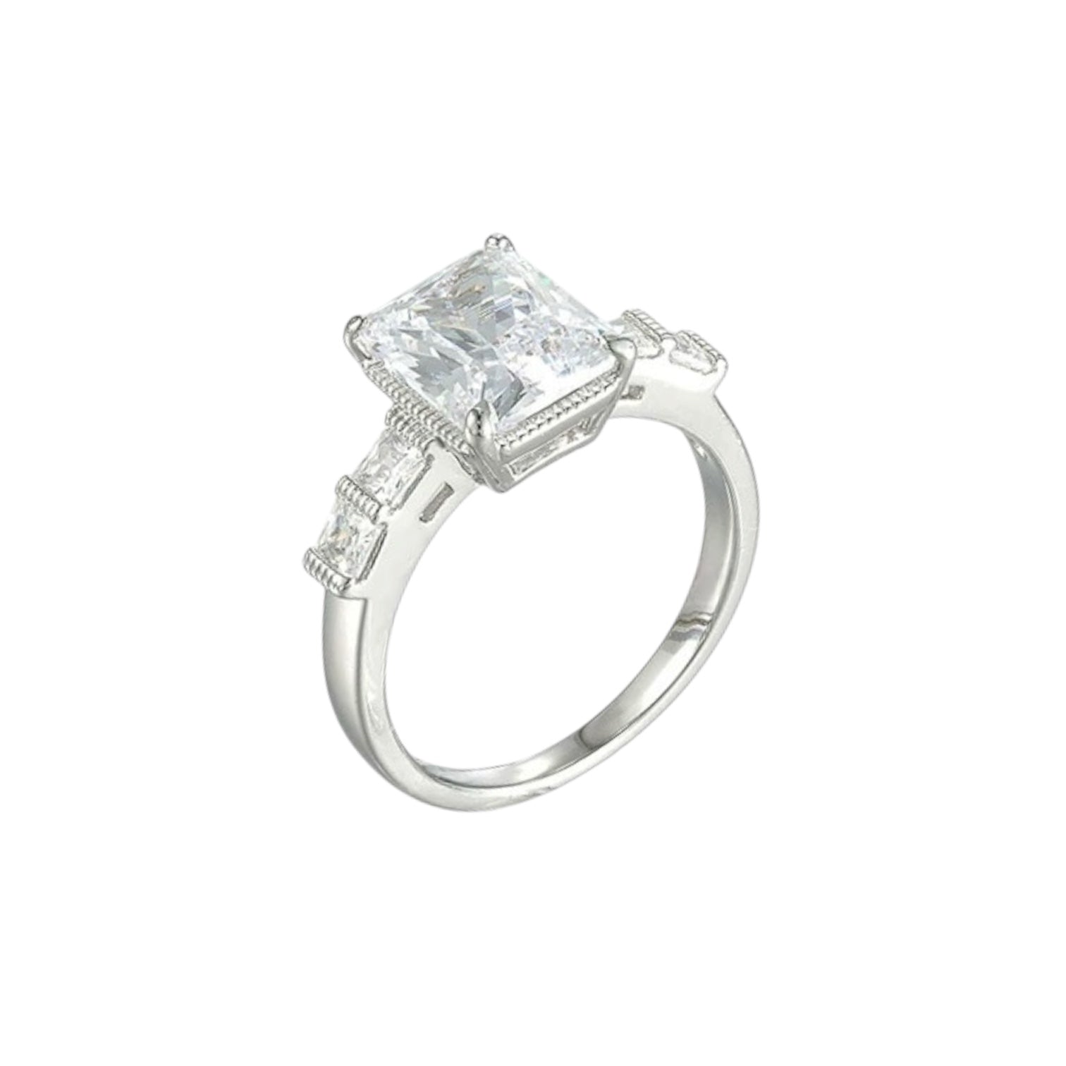 Wasserdichter Art-Deco-Solitär-Ring mit Princess-Cut Zirkonia und Milgrain Silber