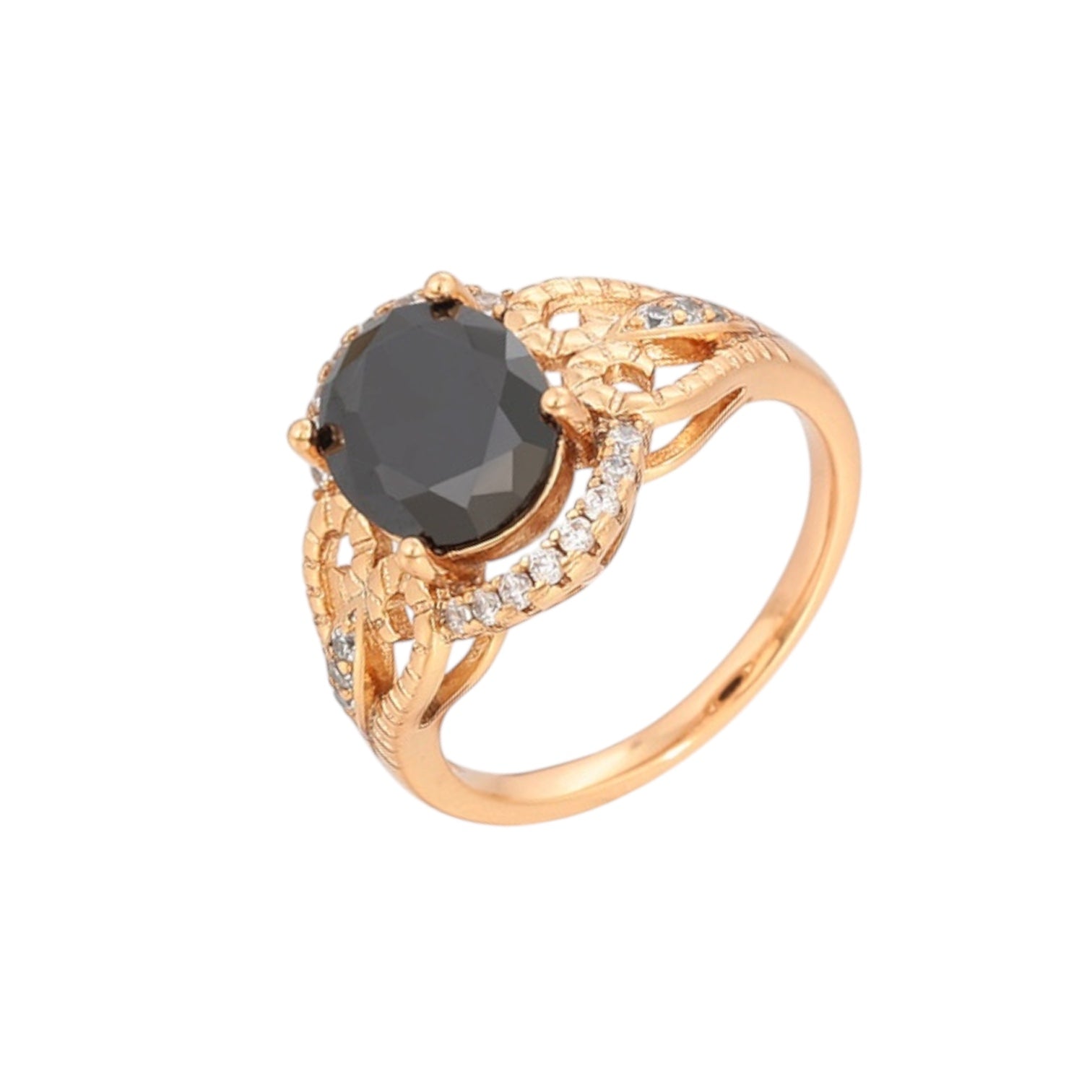 Wasserdichter Vintage-Ring mit schwarzem ovalem Zirkonia und durchbrochenem Filigran-Band Gold